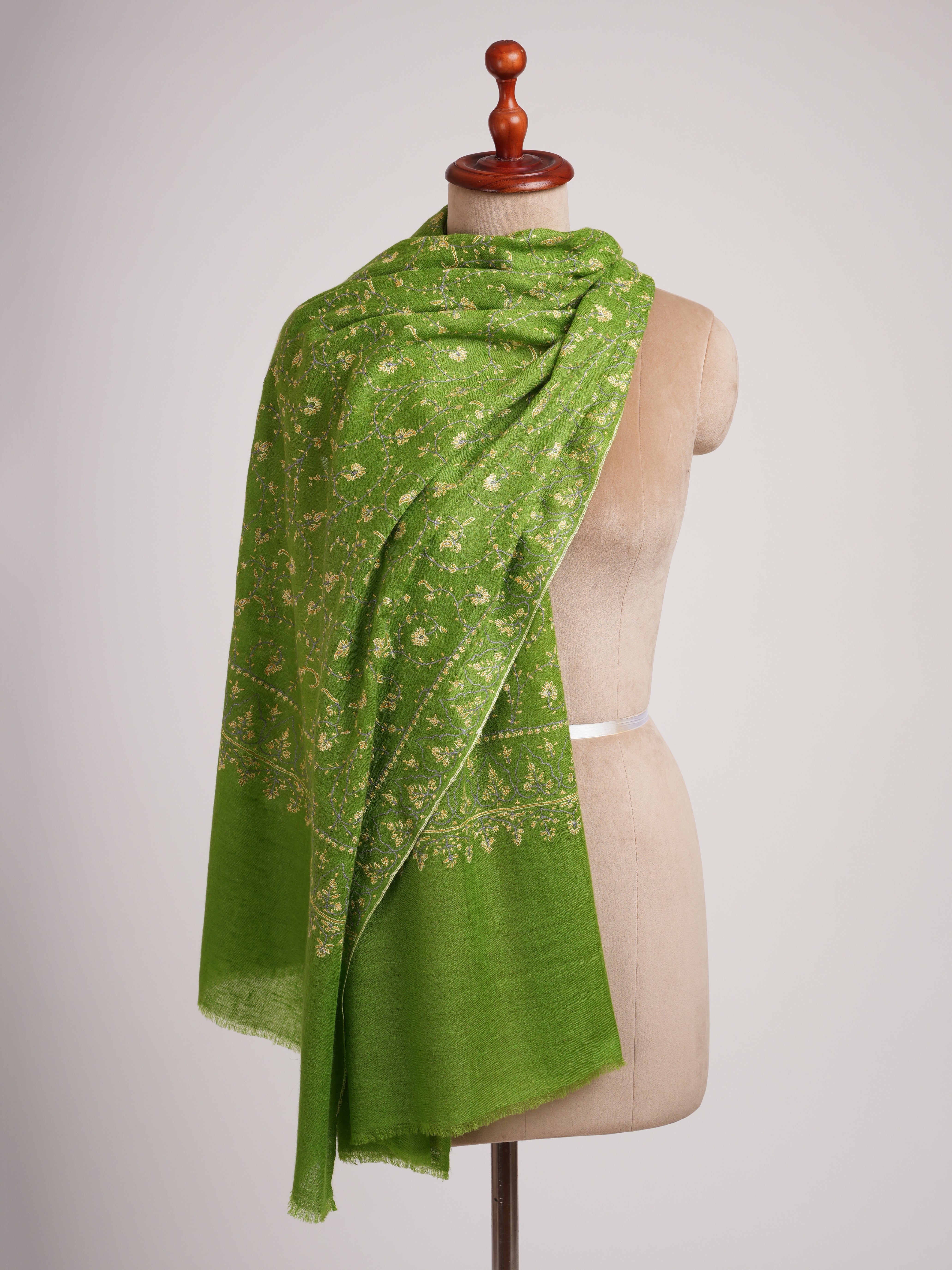 Green Hand Embroidered Jali Cashmere Scarf - Shahkaar