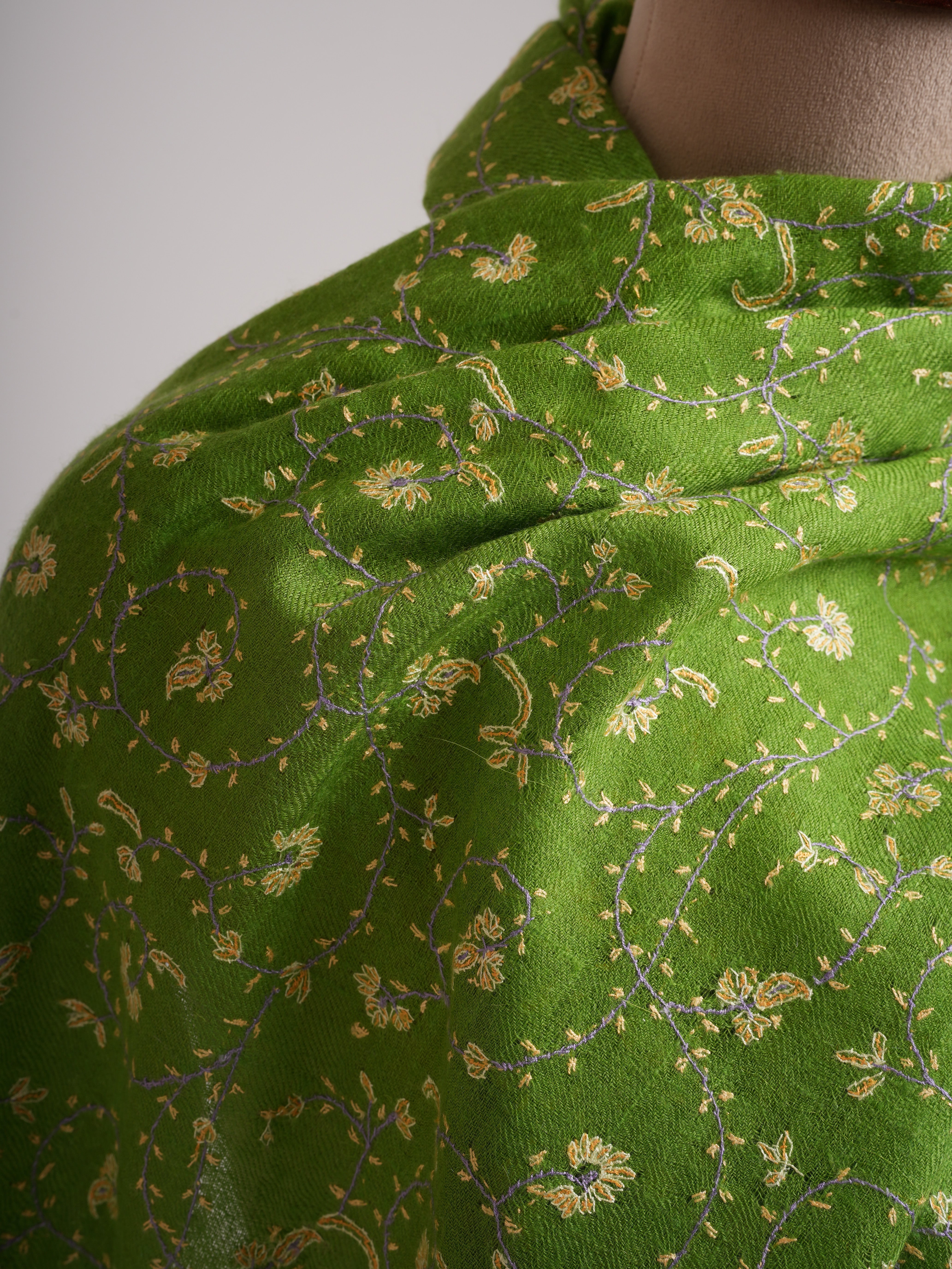 Green Hand Embroidered Jali Cashmere Scarf - Shahkaar