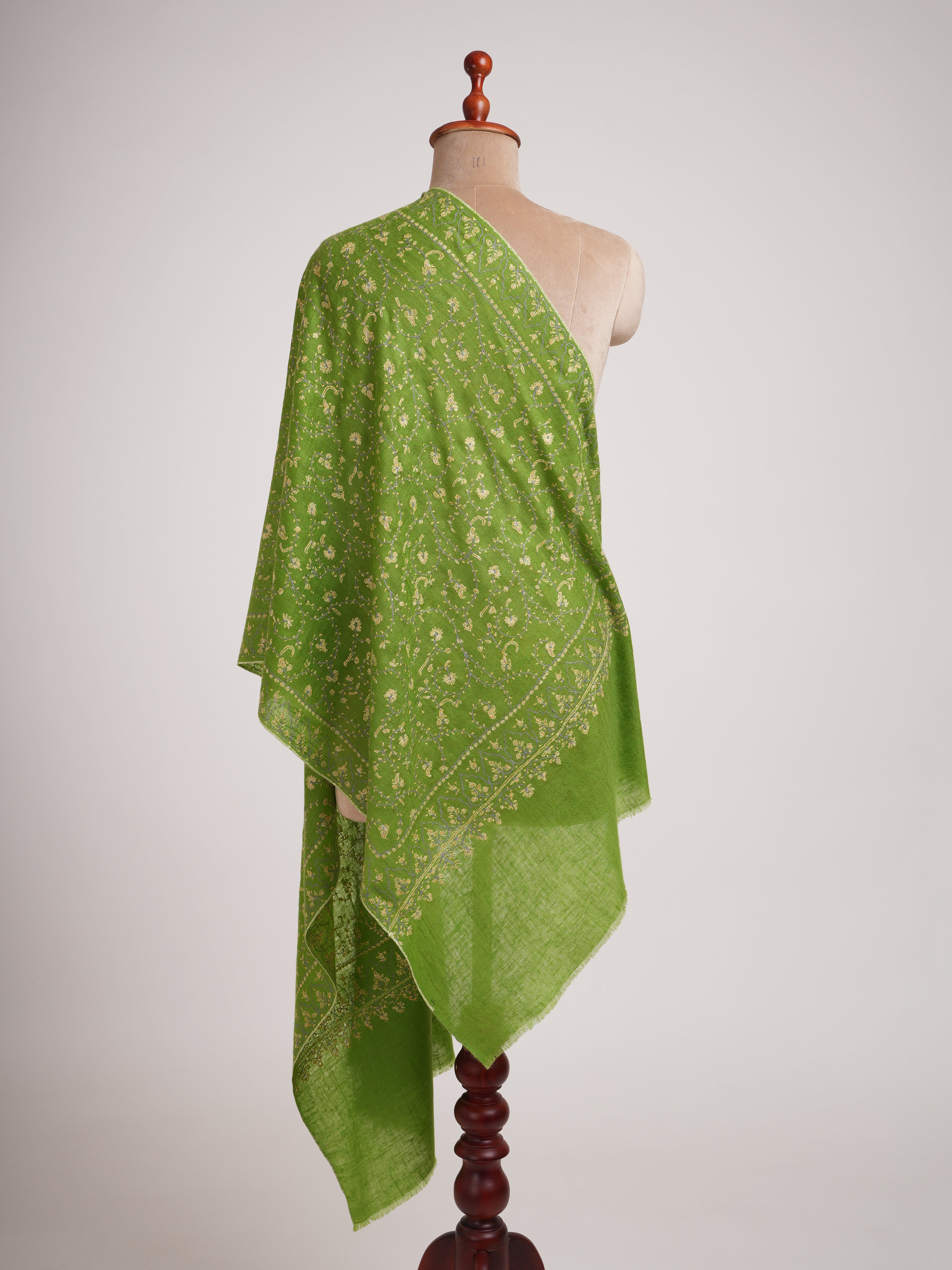 Green Hand Embroidered Jali Cashmere Scarf - Shahkaar