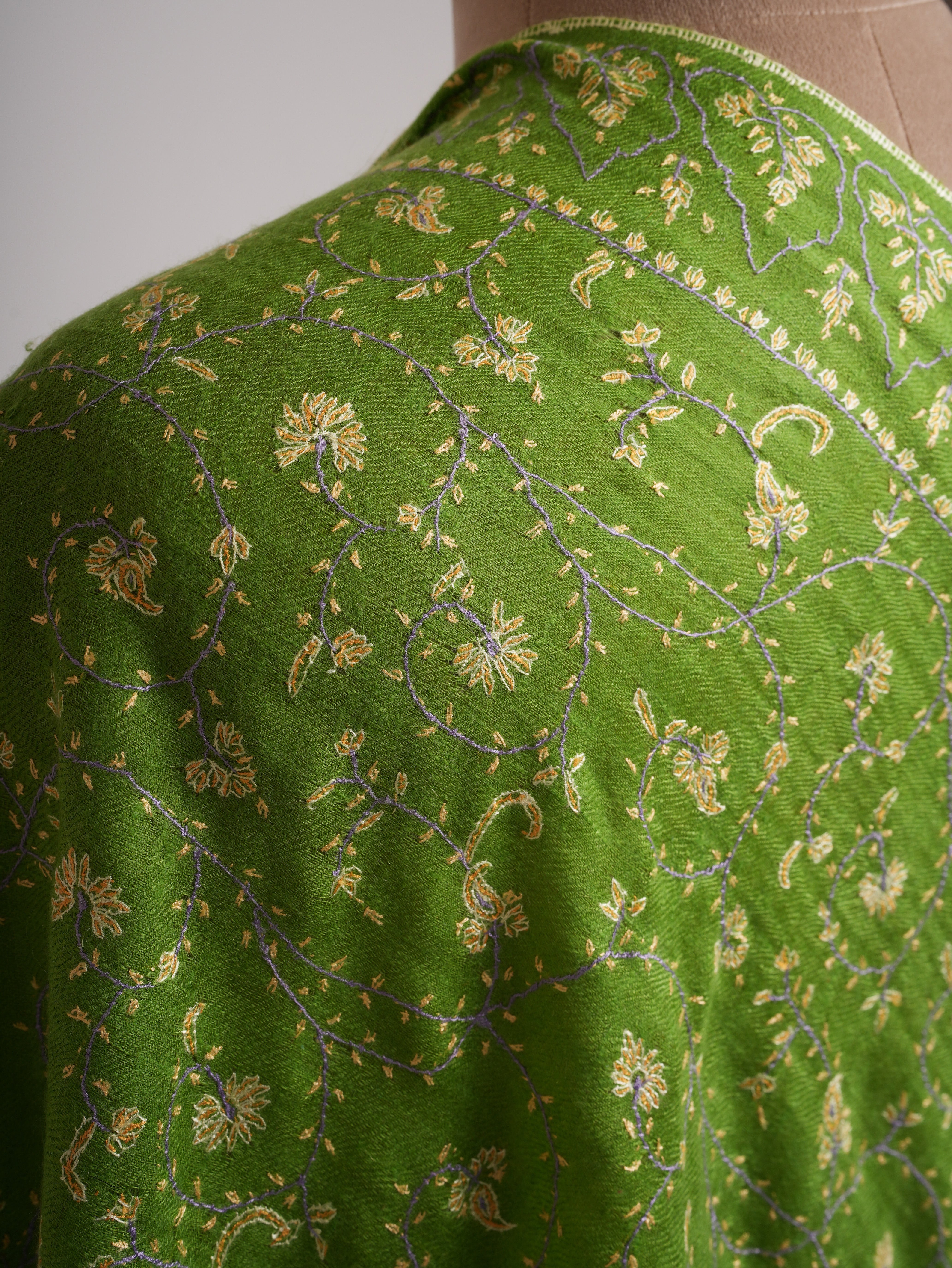 Green Hand Embroidered Jali Cashmere Scarf - Shahkaar