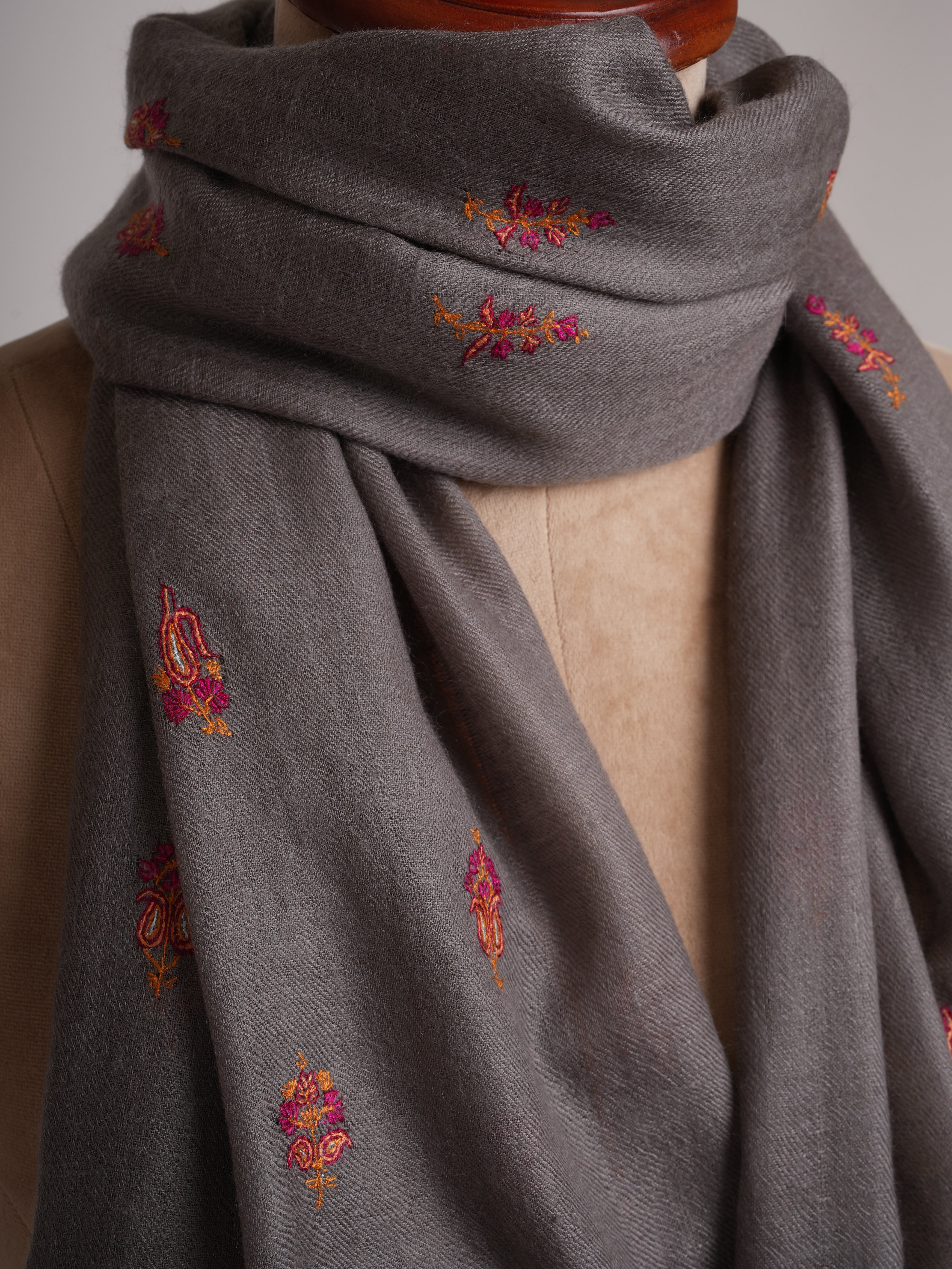 Grey Cashmere Stole with Minimalist Needlework Shahkaar