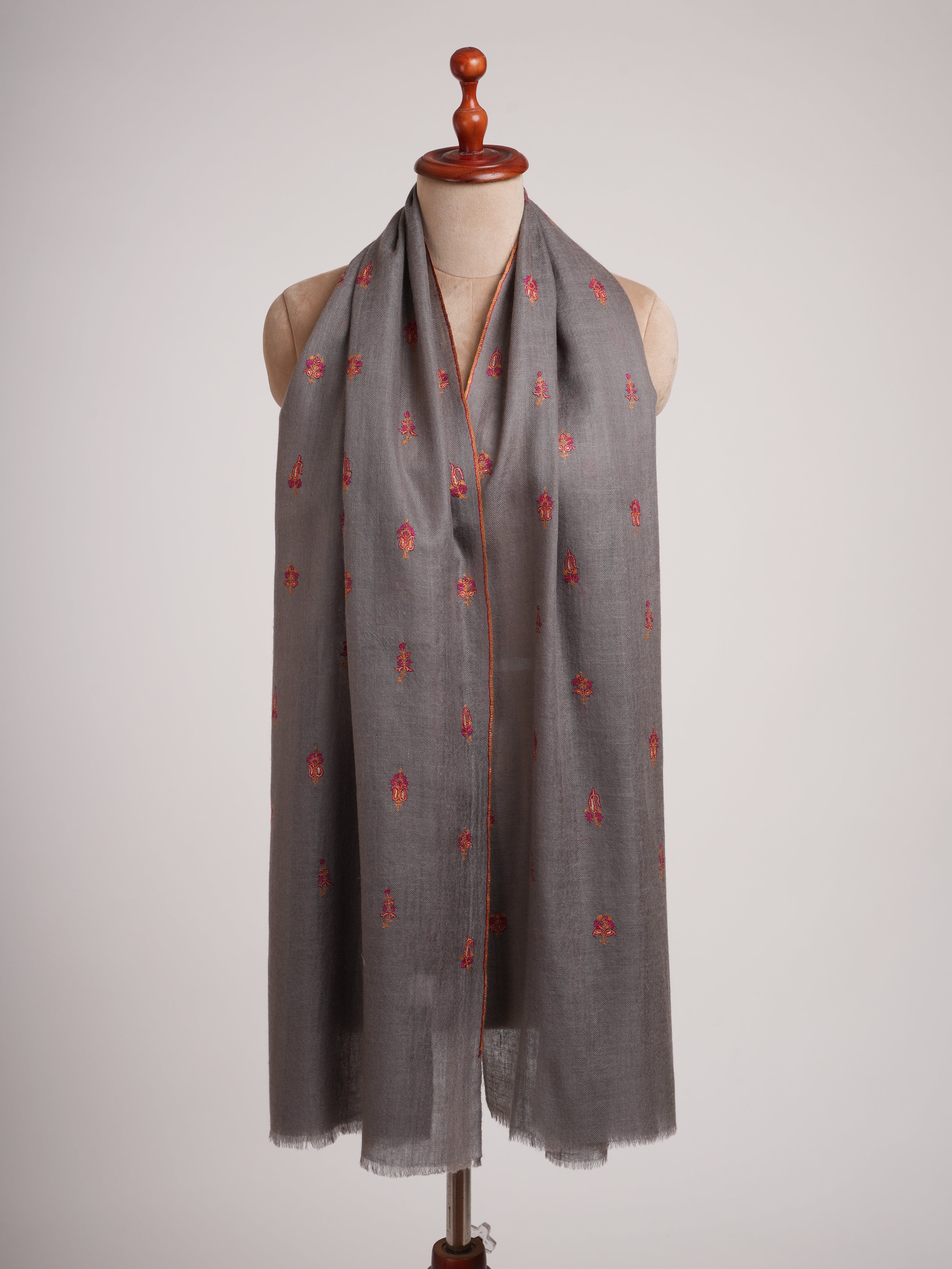 Grey Cashmere Stole with Minimalist Needlework Shahkaar