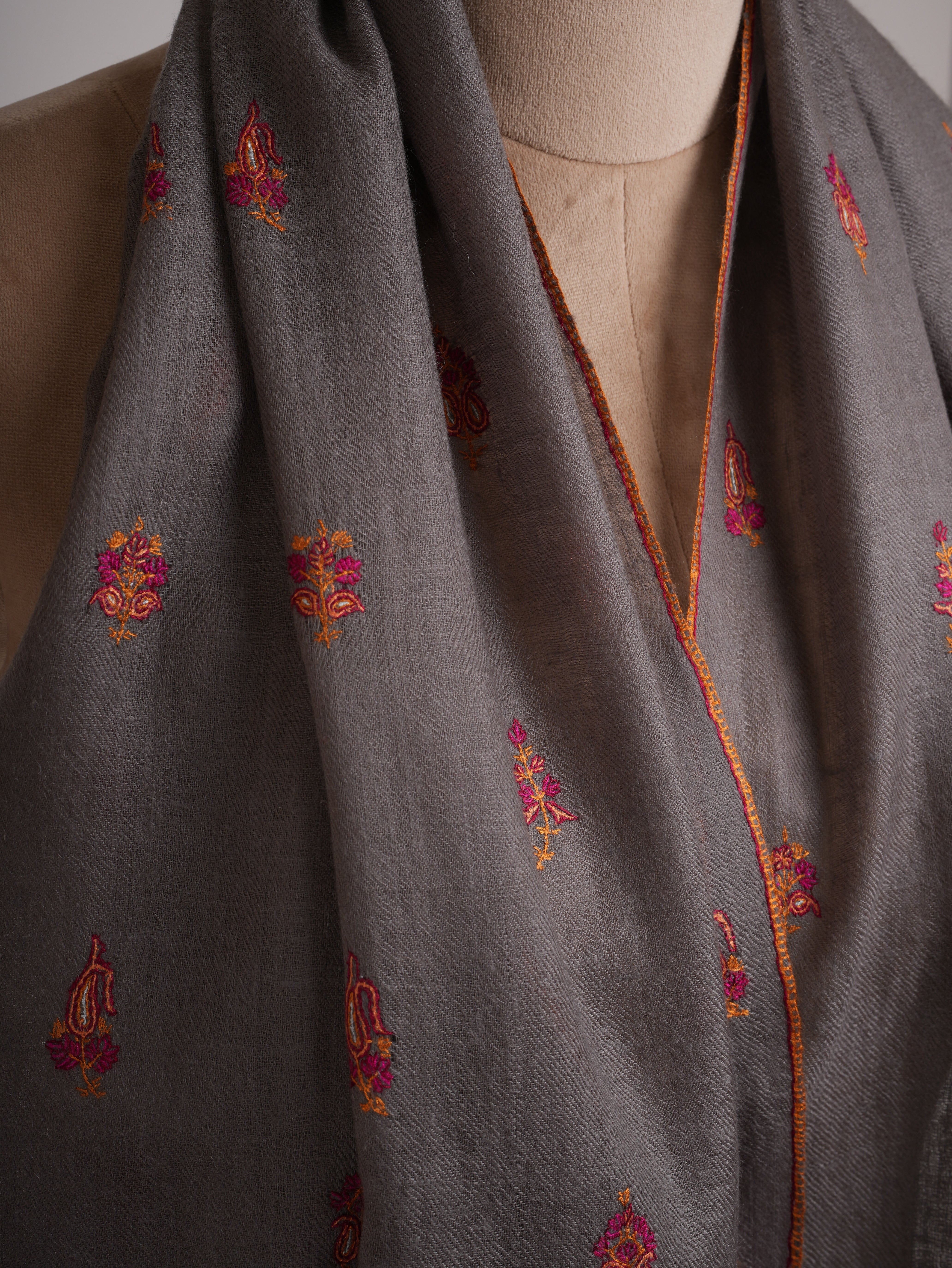 Grey Cashmere Stole with Minimalist Needlework Shahkaar