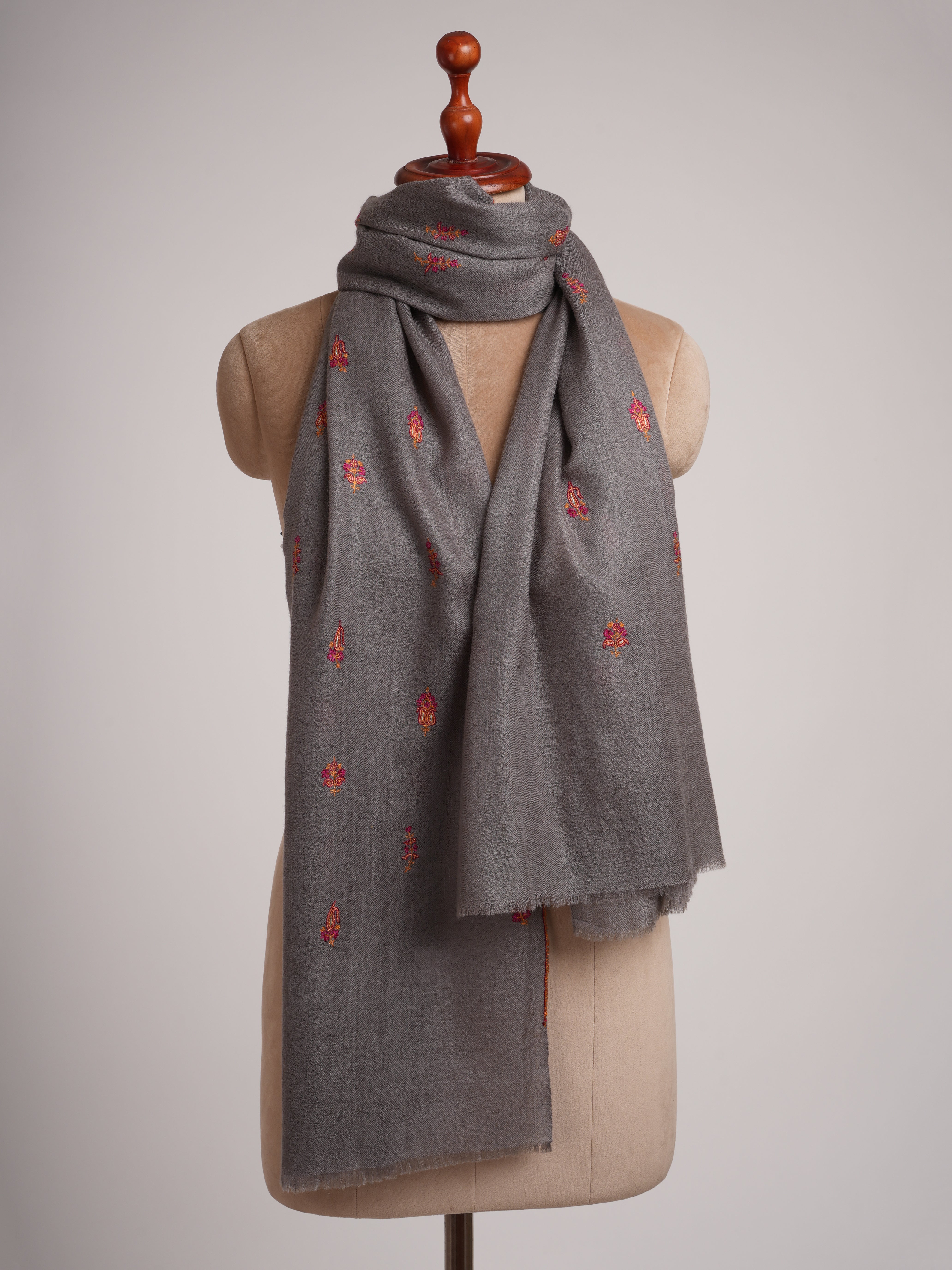 Grey Cashmere Stole with Minimalist Needlework Shahkaar