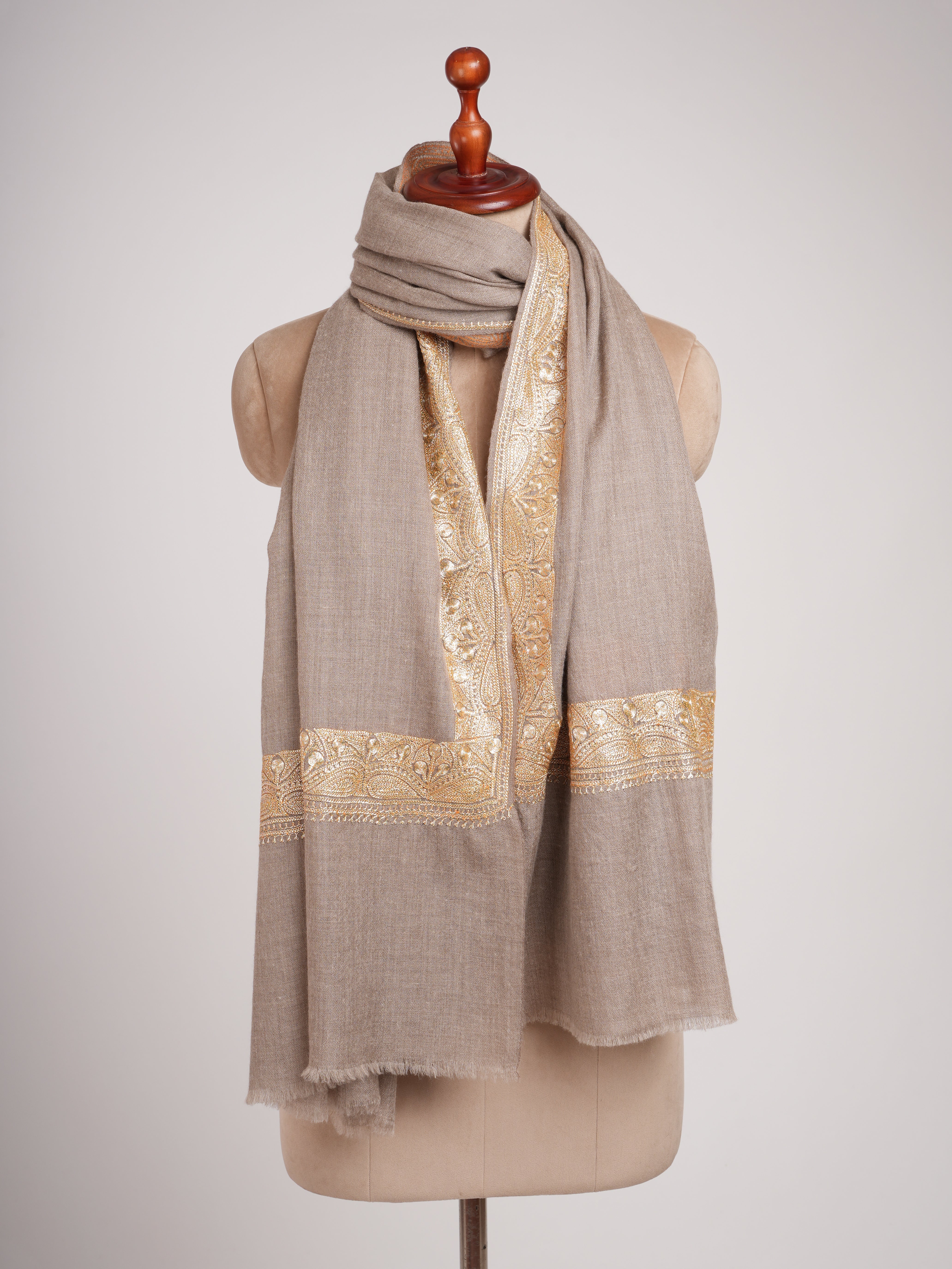 Natural Pashmina Shawl with Gold Tilla Embroidery Shahkaar