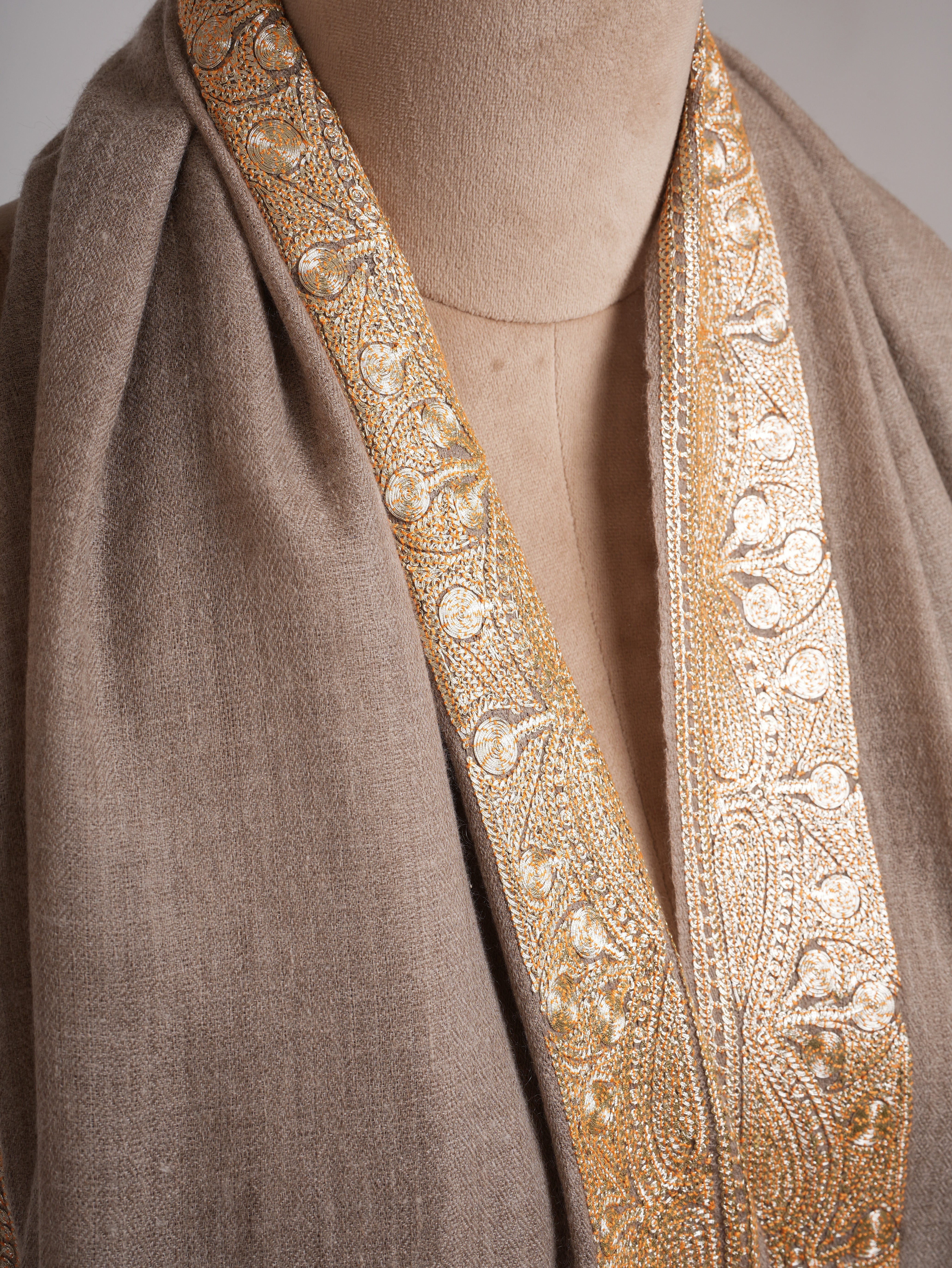 Natural Pashmina Shawl with Gold Tilla Embroidery Shahkaar