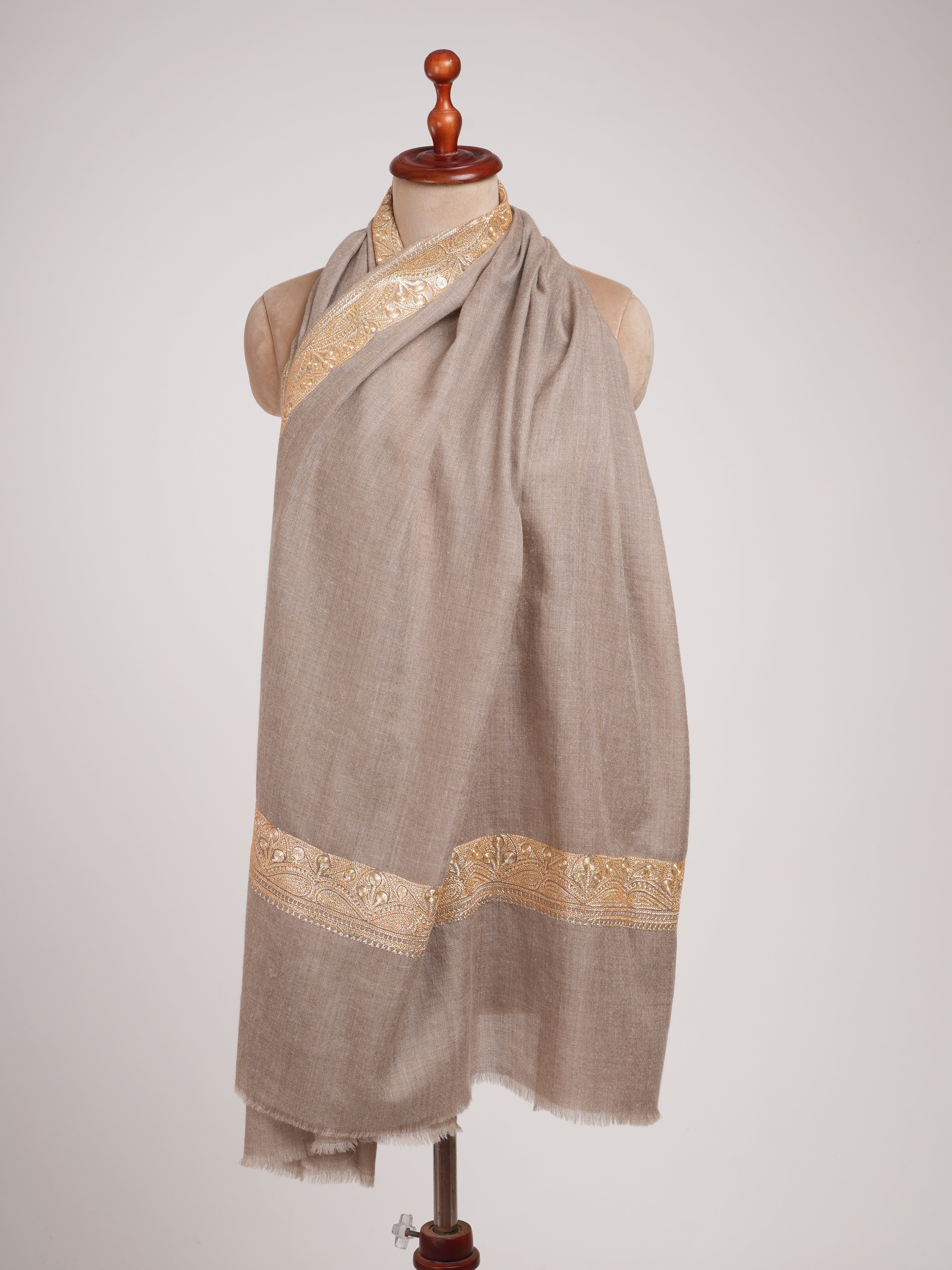 Natural Pashmina Shawl with Gold Tilla Embroidery Shahkaar