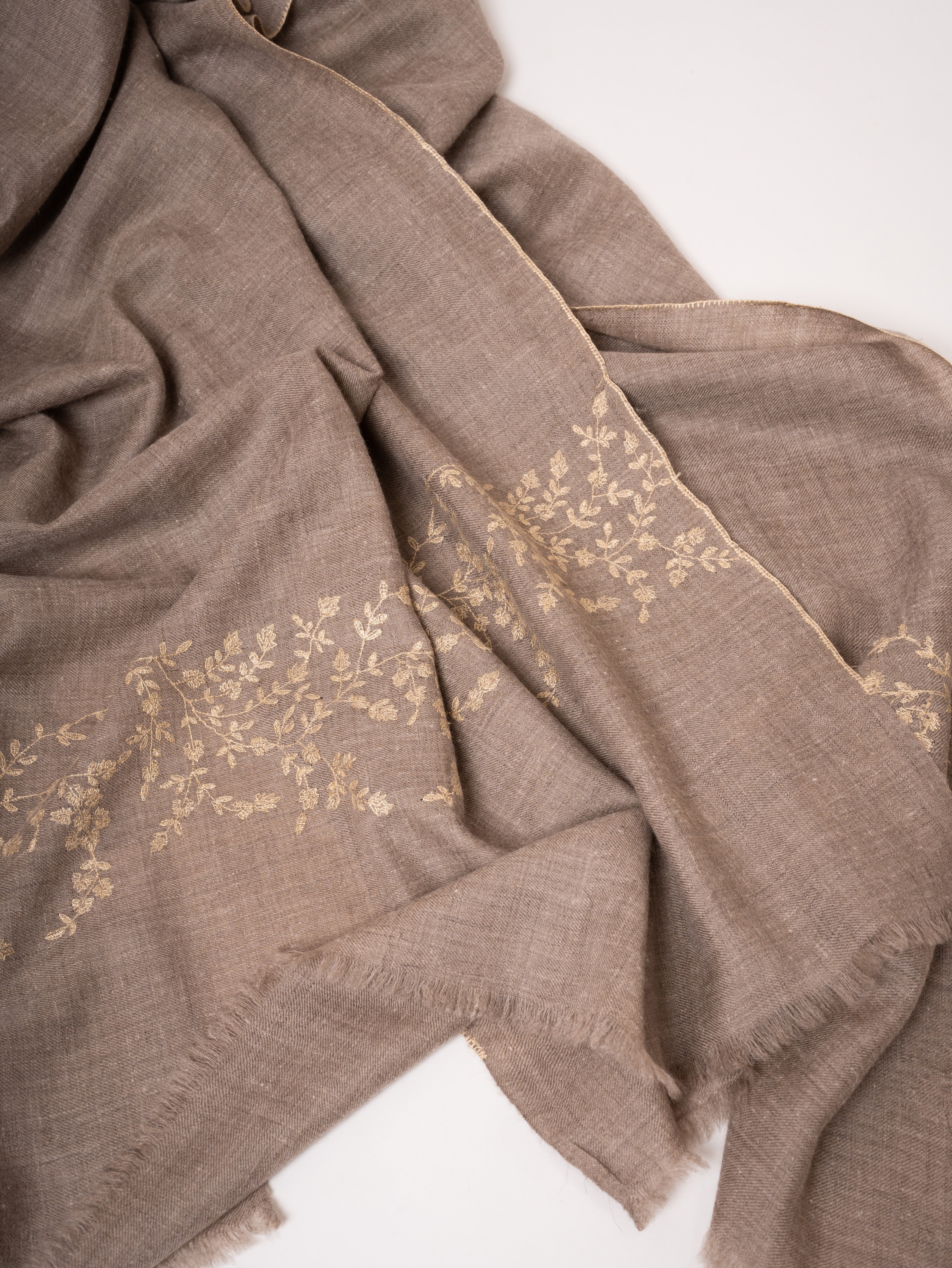 Natural Beige Cashmere Scarf Sozni Embroidery on Shorter Ends Shahkaar