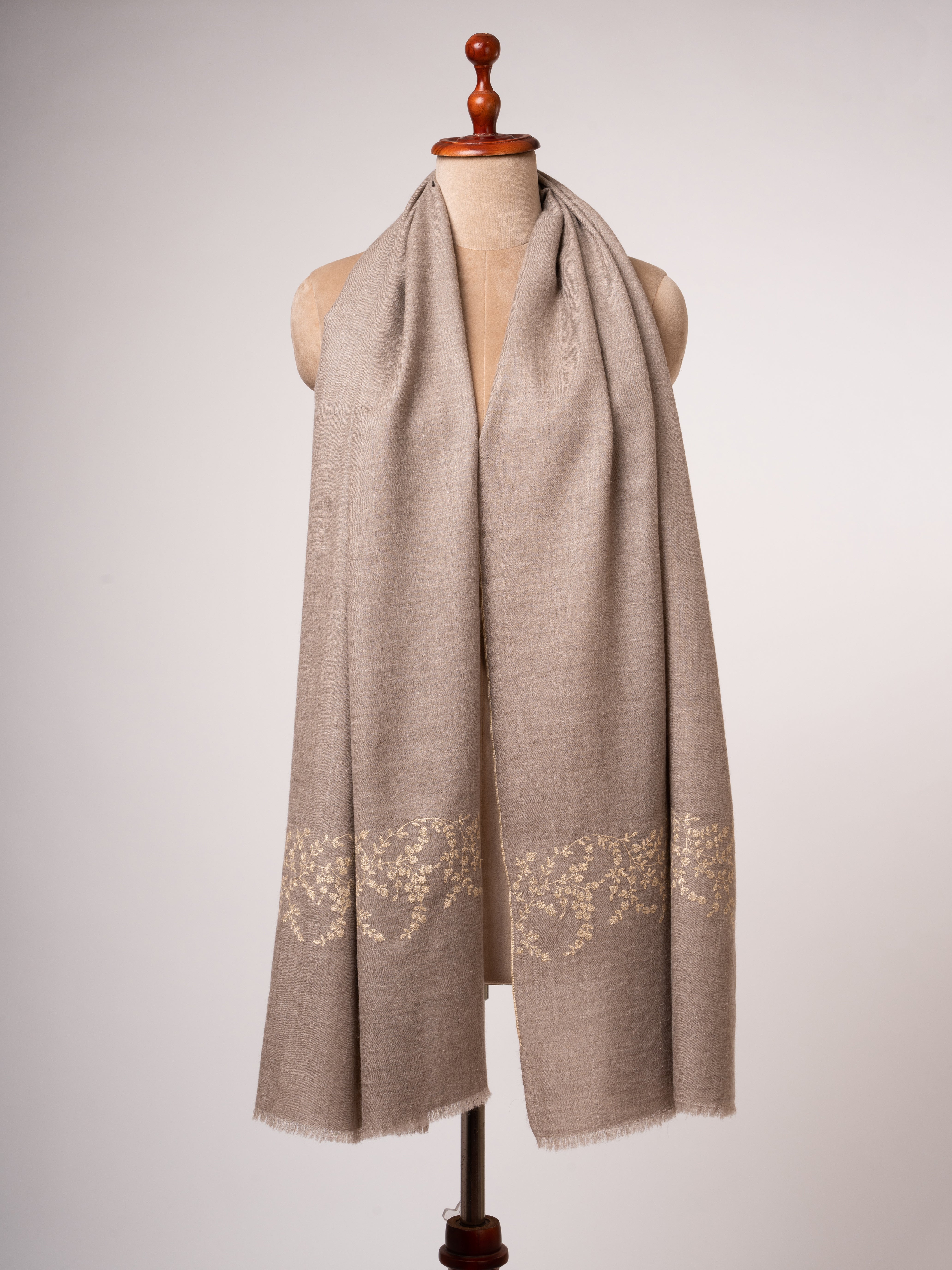 Natural Beige Cashmere Scarf Sozni Embroidery on Shorter Ends Shahkaar