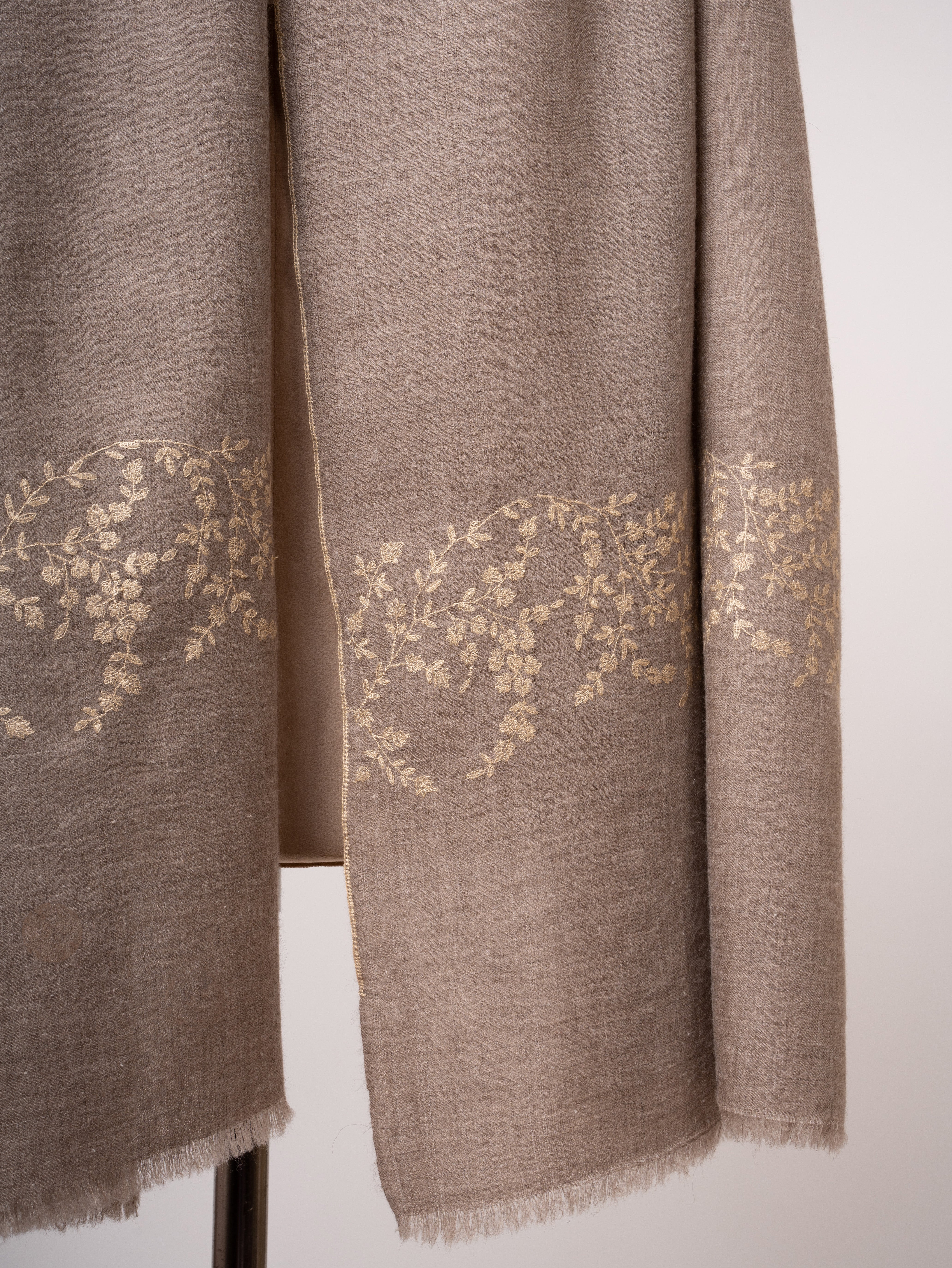 Natural Beige Cashmere Scarf Sozni Embroidery on Shorter Ends Shahkaar