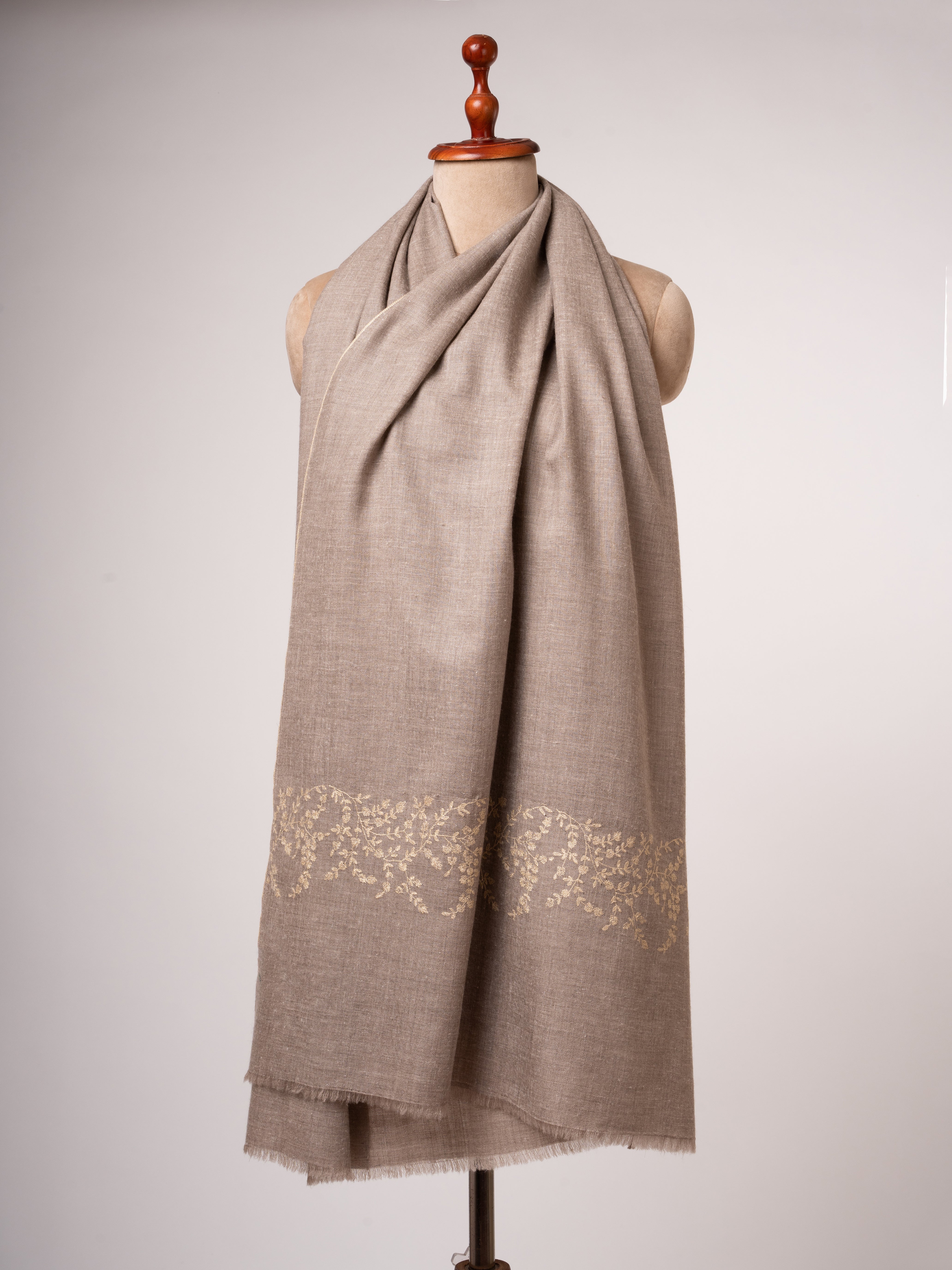 Natural Beige Cashmere Scarf Sozni Embroidery on Shorter Ends Shahkaar