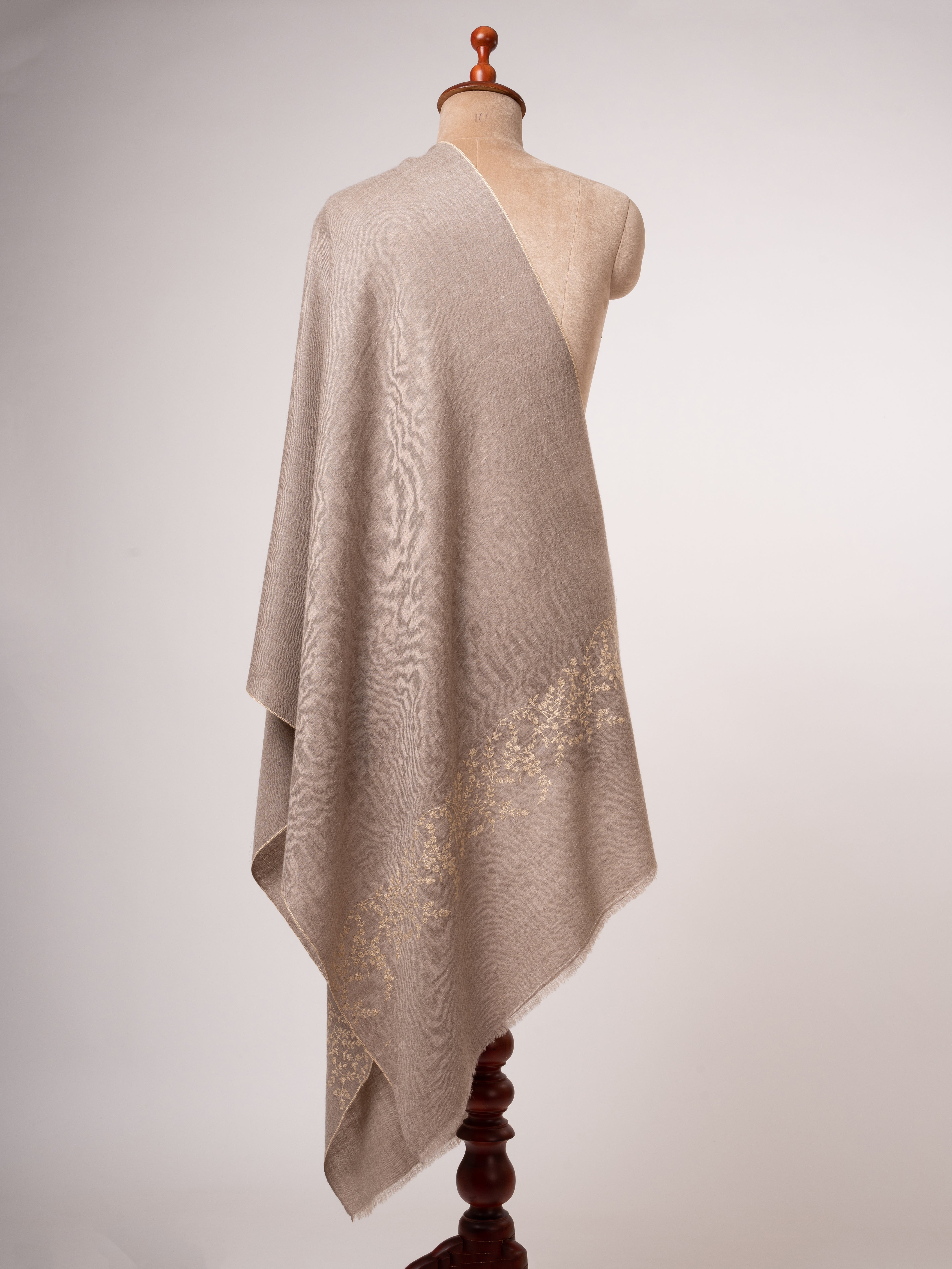 Natural Beige Cashmere Scarf Sozni Embroidery on Shorter Ends Shahkaar