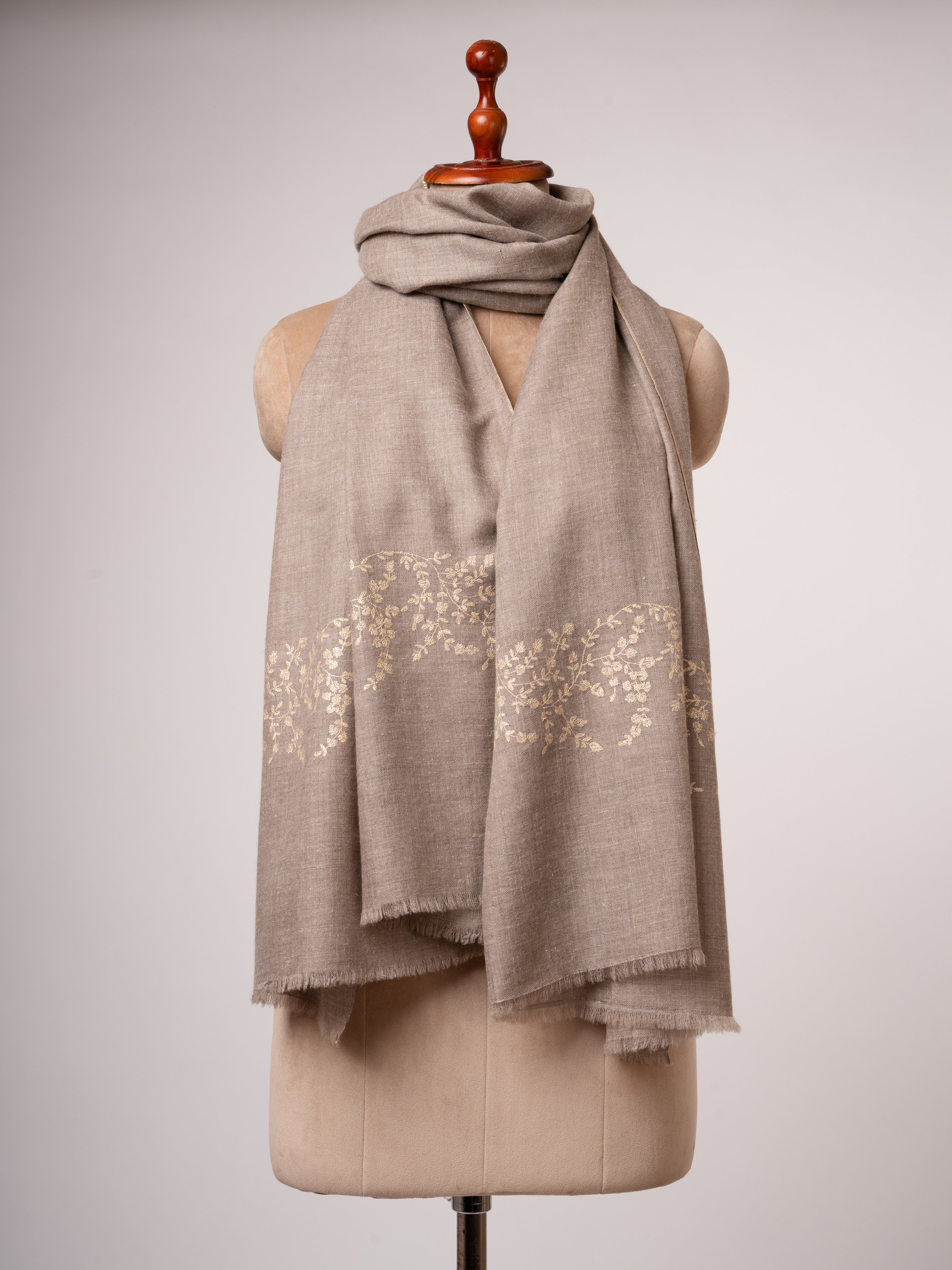 Natural Beige Cashmere Scarf Sozni Embroidery on Shorter Ends Shahkaar