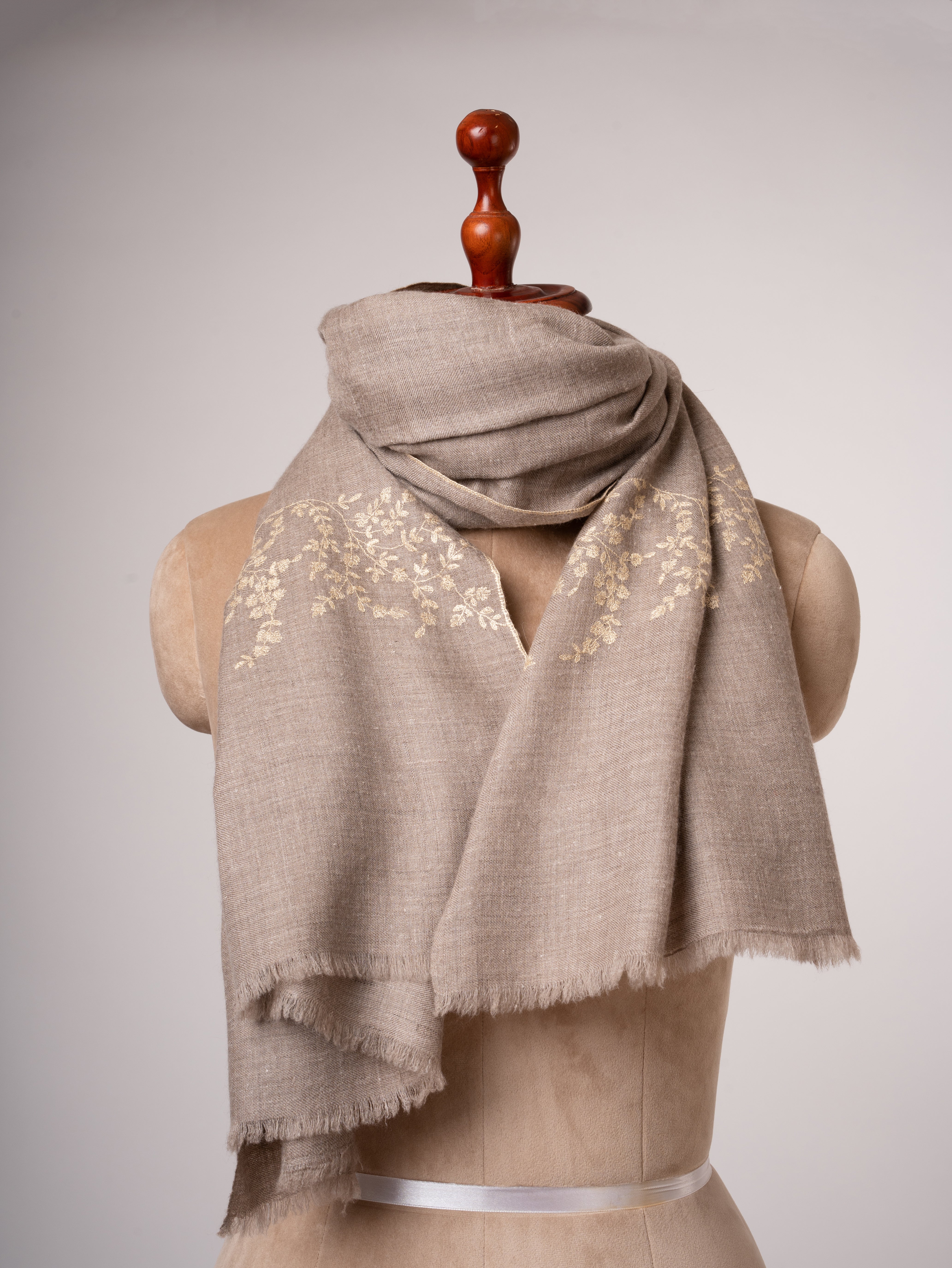 Natural Beige Cashmere Scarf Sozni Embroidery on Shorter Ends Shahkaar