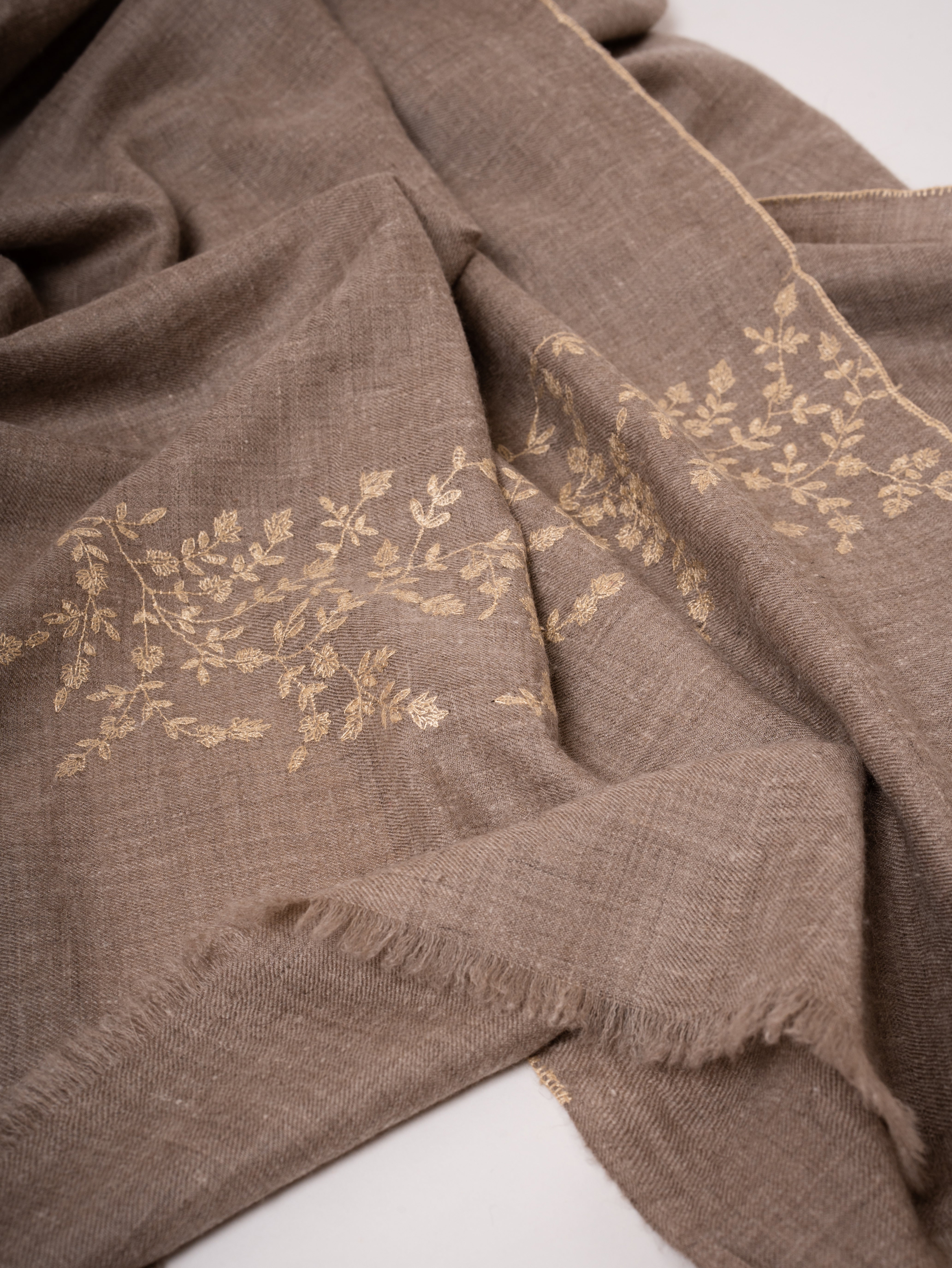 Natural Beige Cashmere Scarf Sozni Embroidery on Shorter Ends Shahkaar