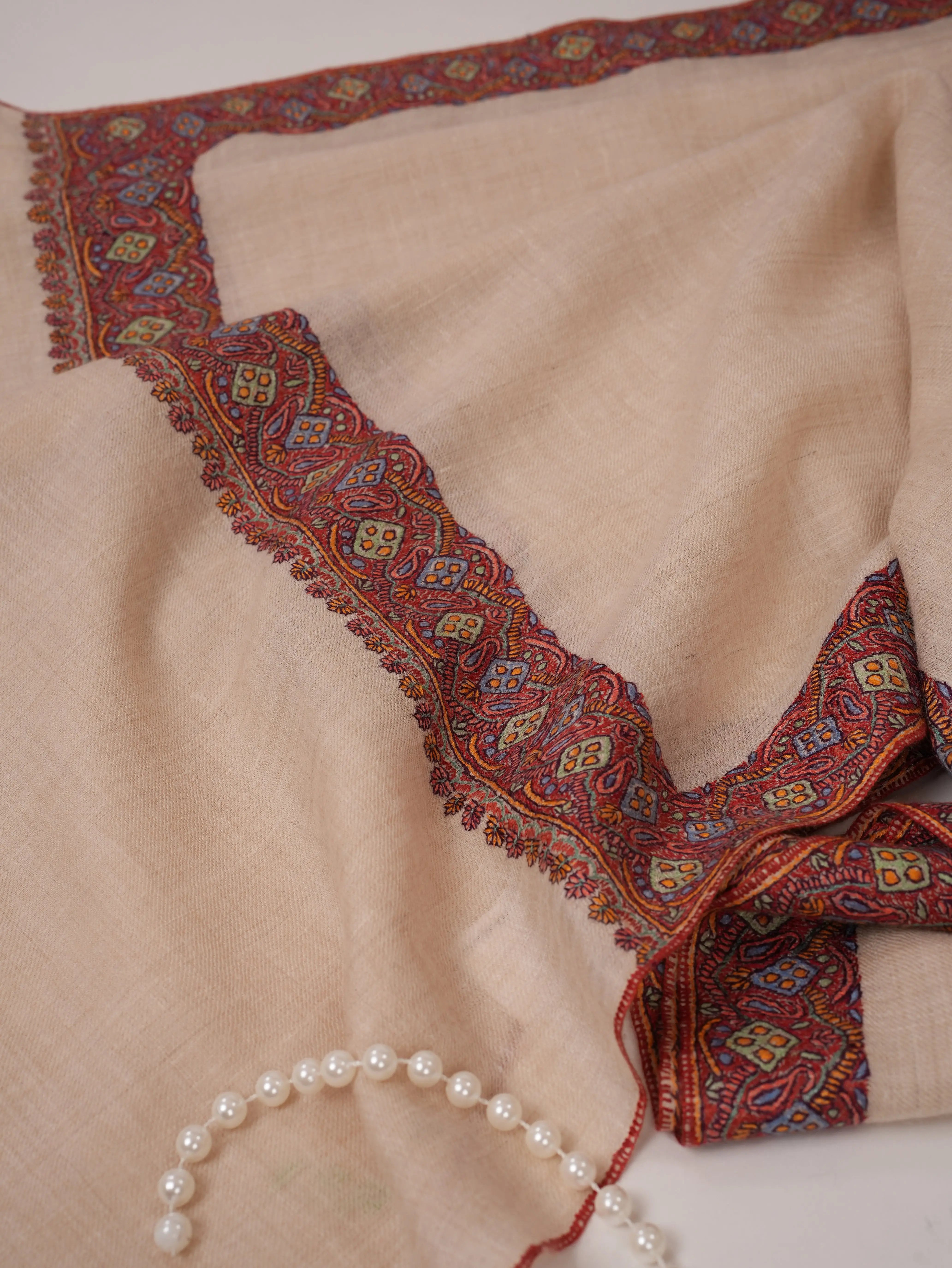 Off White Pure Pashmina Shawl with Neemdaur Hand Embroidery Shahkaar.com