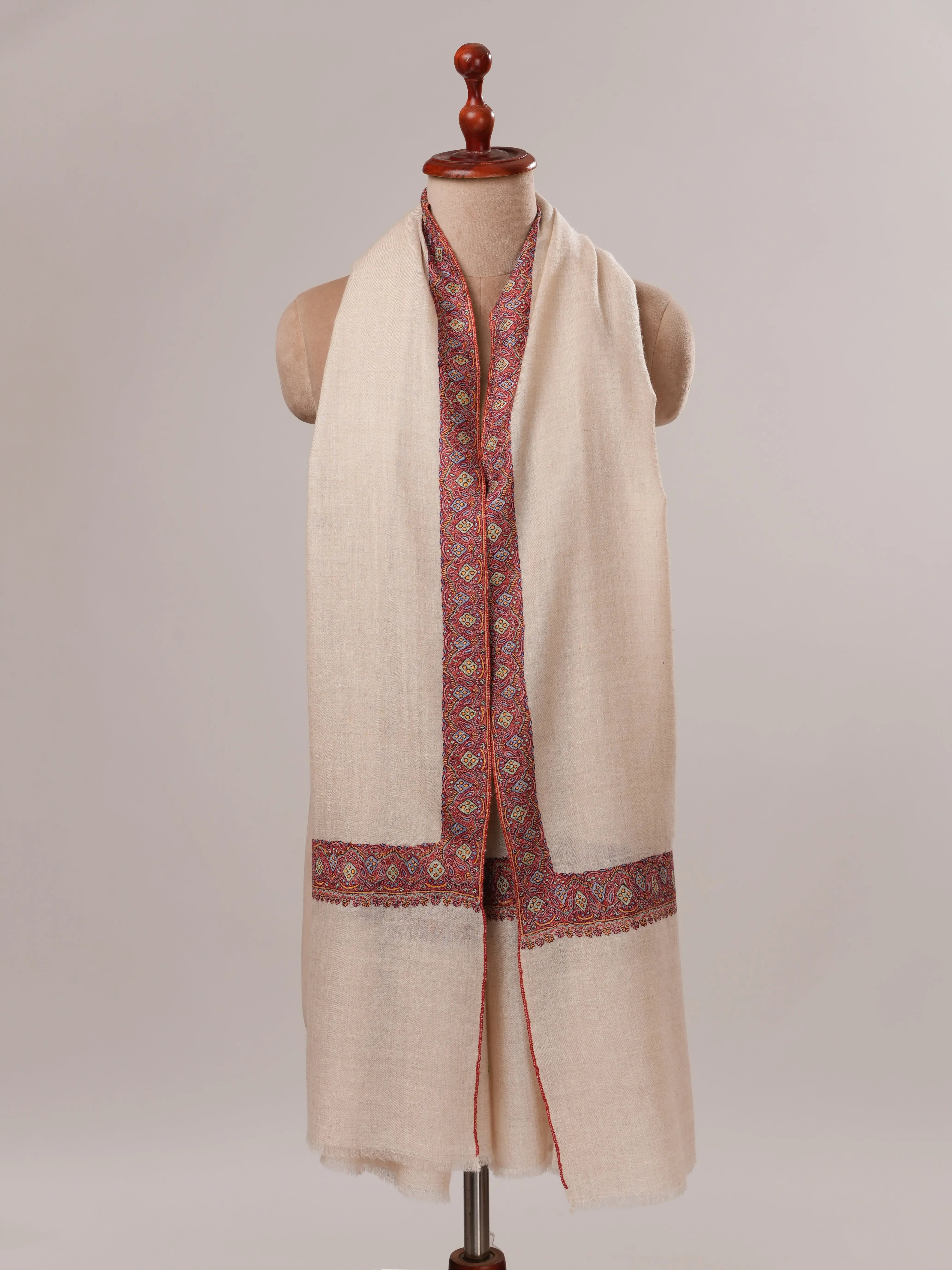 Off White Pure Pashmina Shawl with Neemdaur Hand Embroidery Shahkaar.com