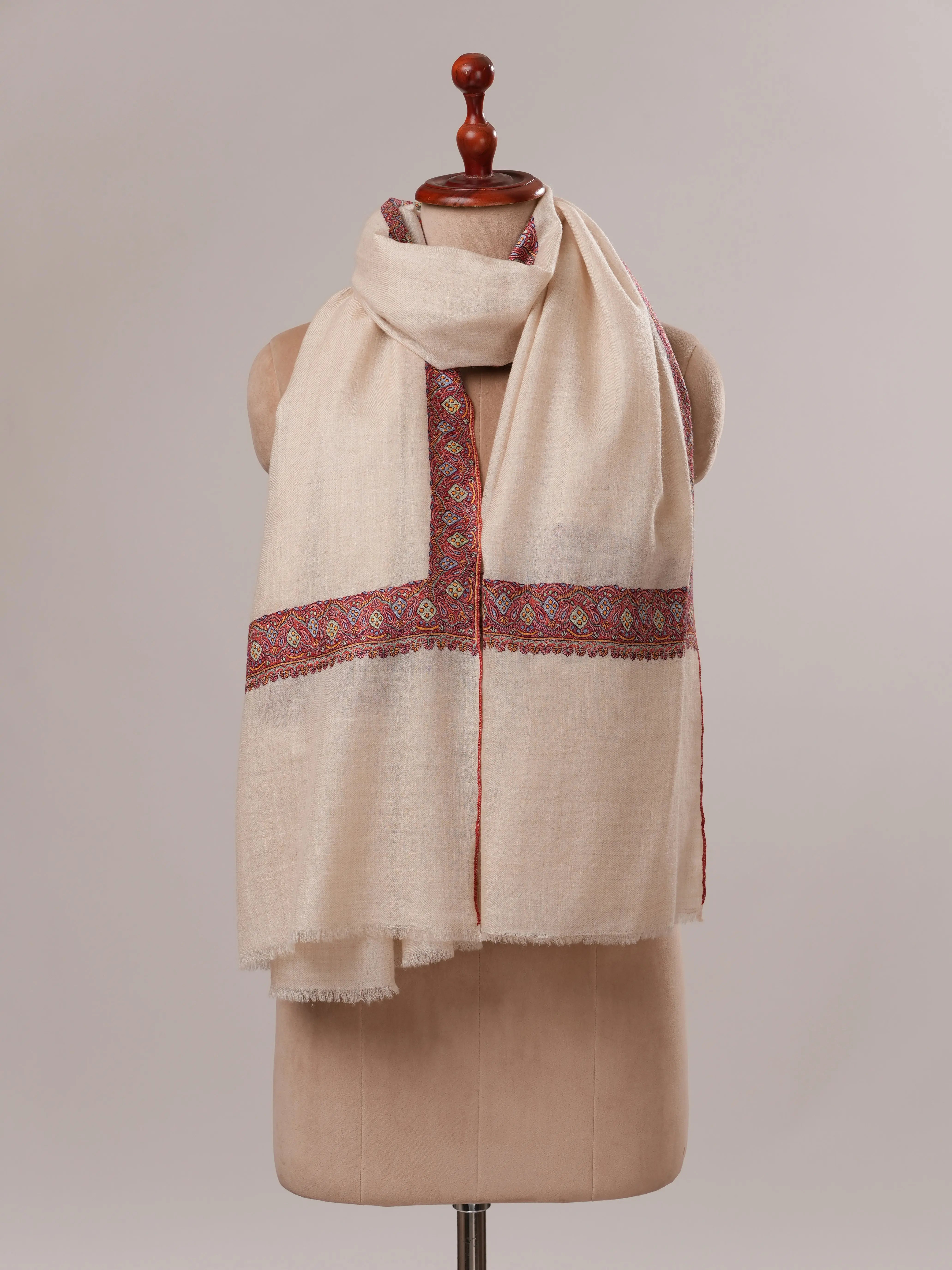 Off White Pure Pashmina Shawl with Neemdaur Hand Embroidery Shahkaar.com