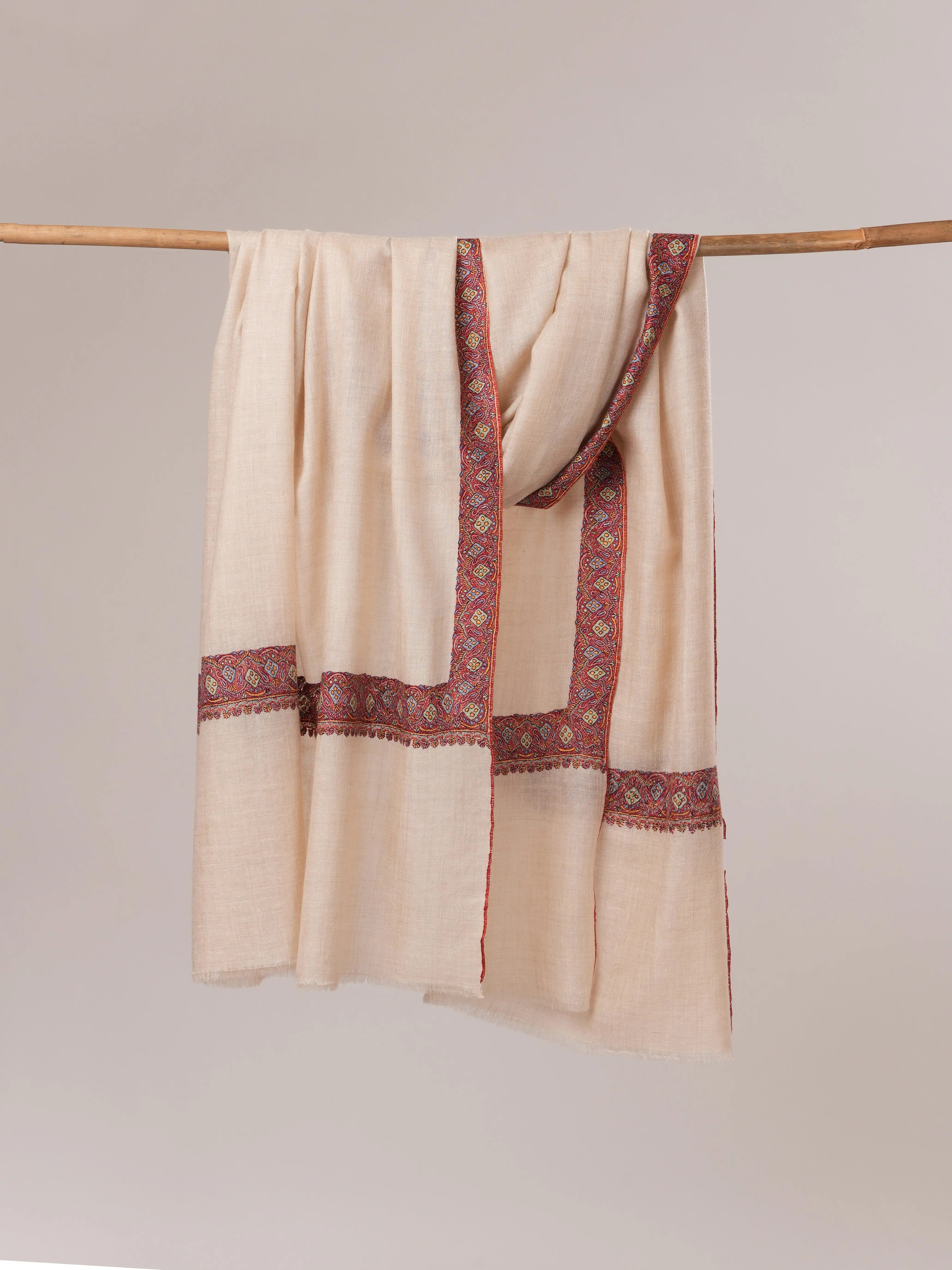 Off White Pure Pashmina Shawl with Neemdaur Hand Embroidery Shahkaar.com