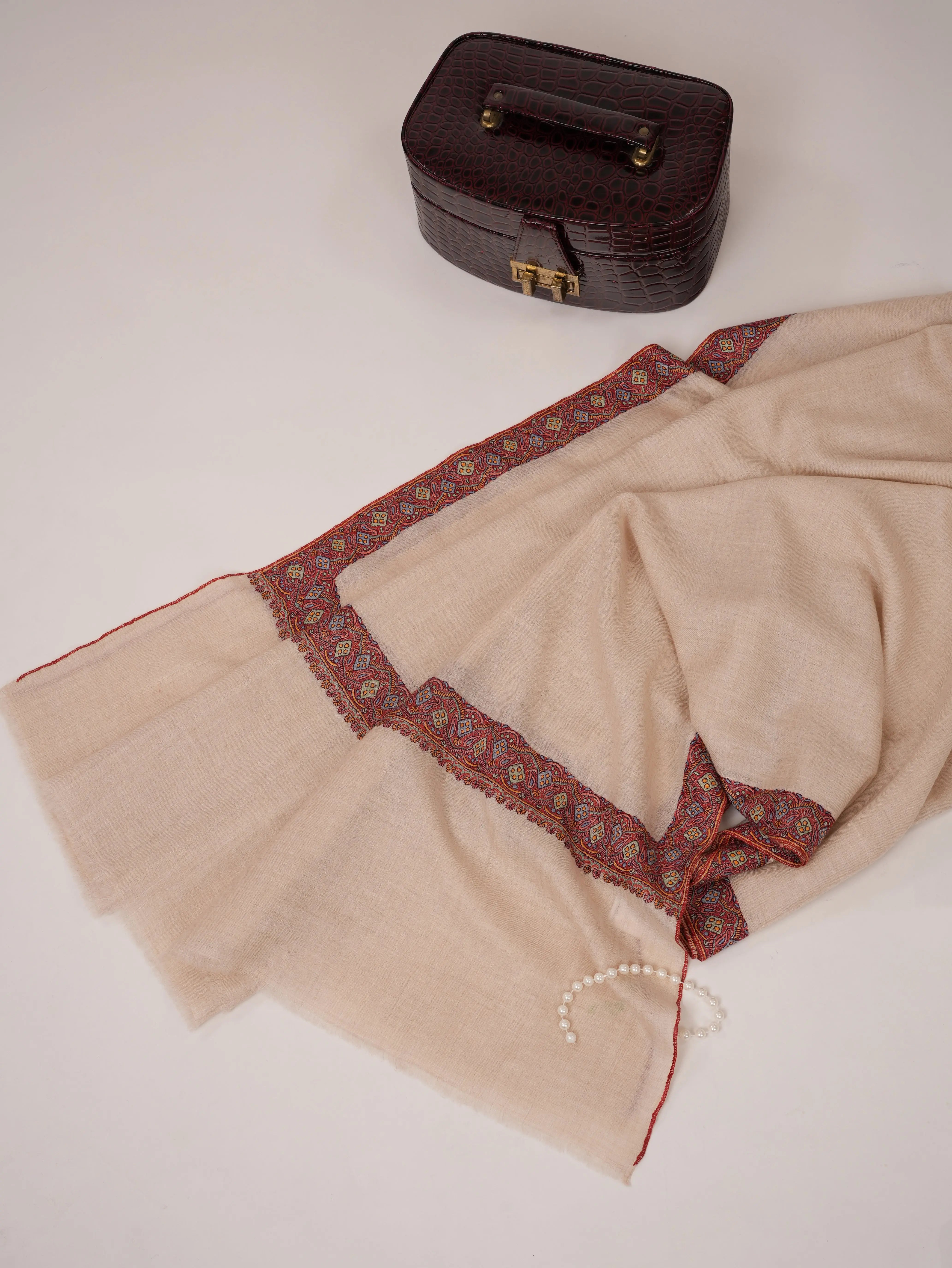 Off White Pure Pashmina Shawl with Neemdaur Hand Embroidery Shahkaar.com