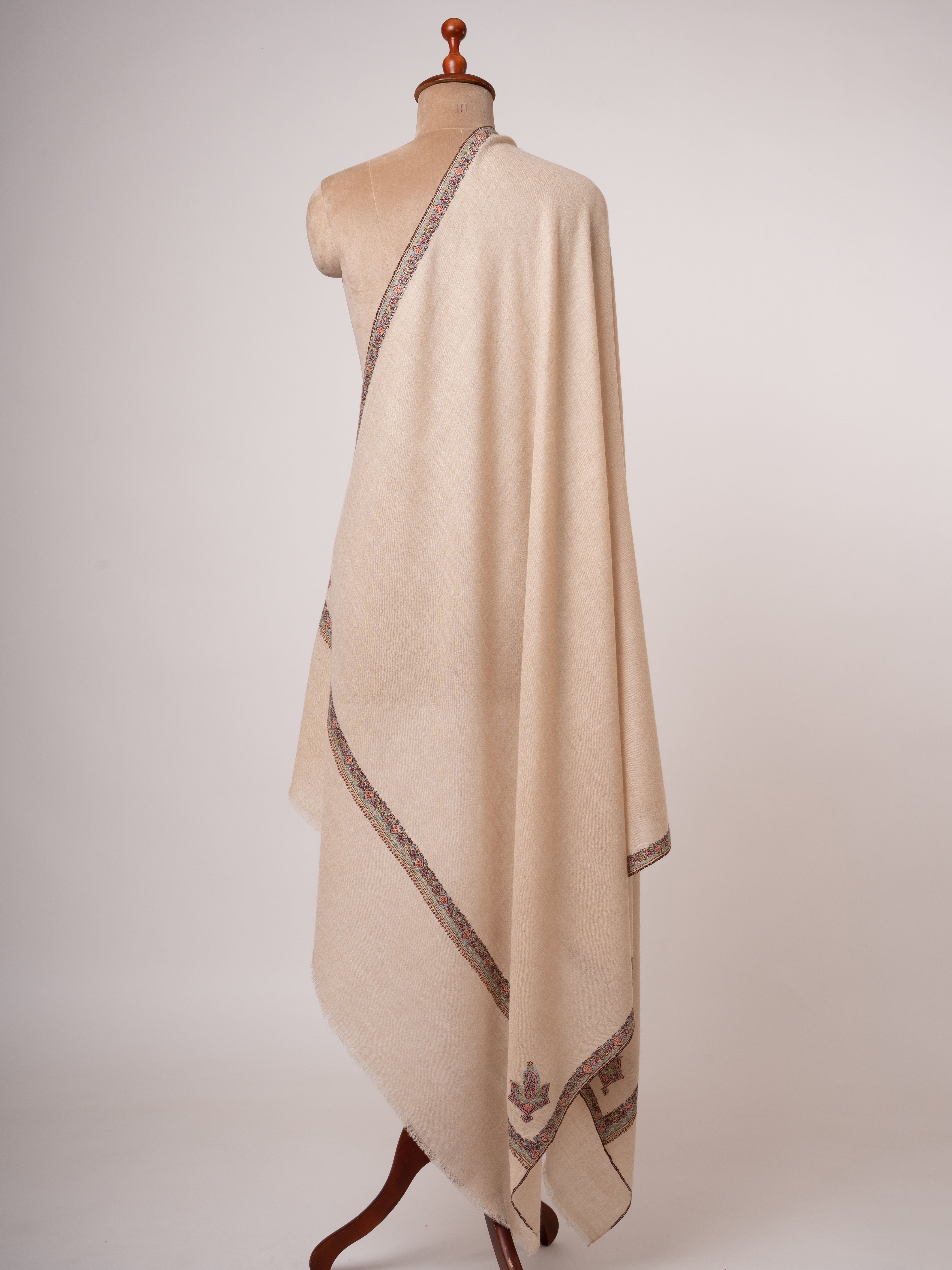 Off White Handloom Pashmina Shawl Classic Hashia Border & Corner Motif - Shahkaar