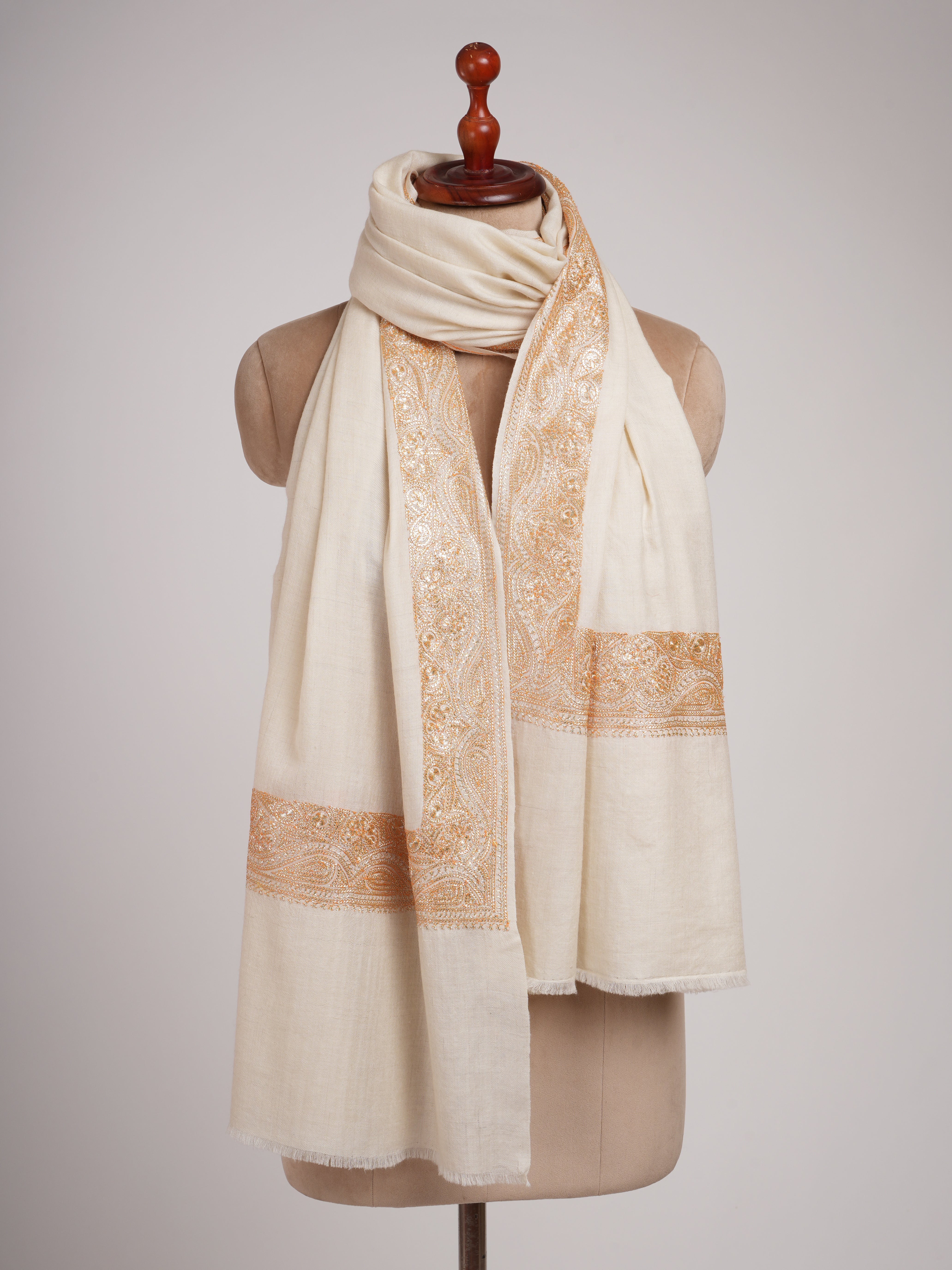 Ivory Pashmina Shawl with Gold Tilla Embroidery