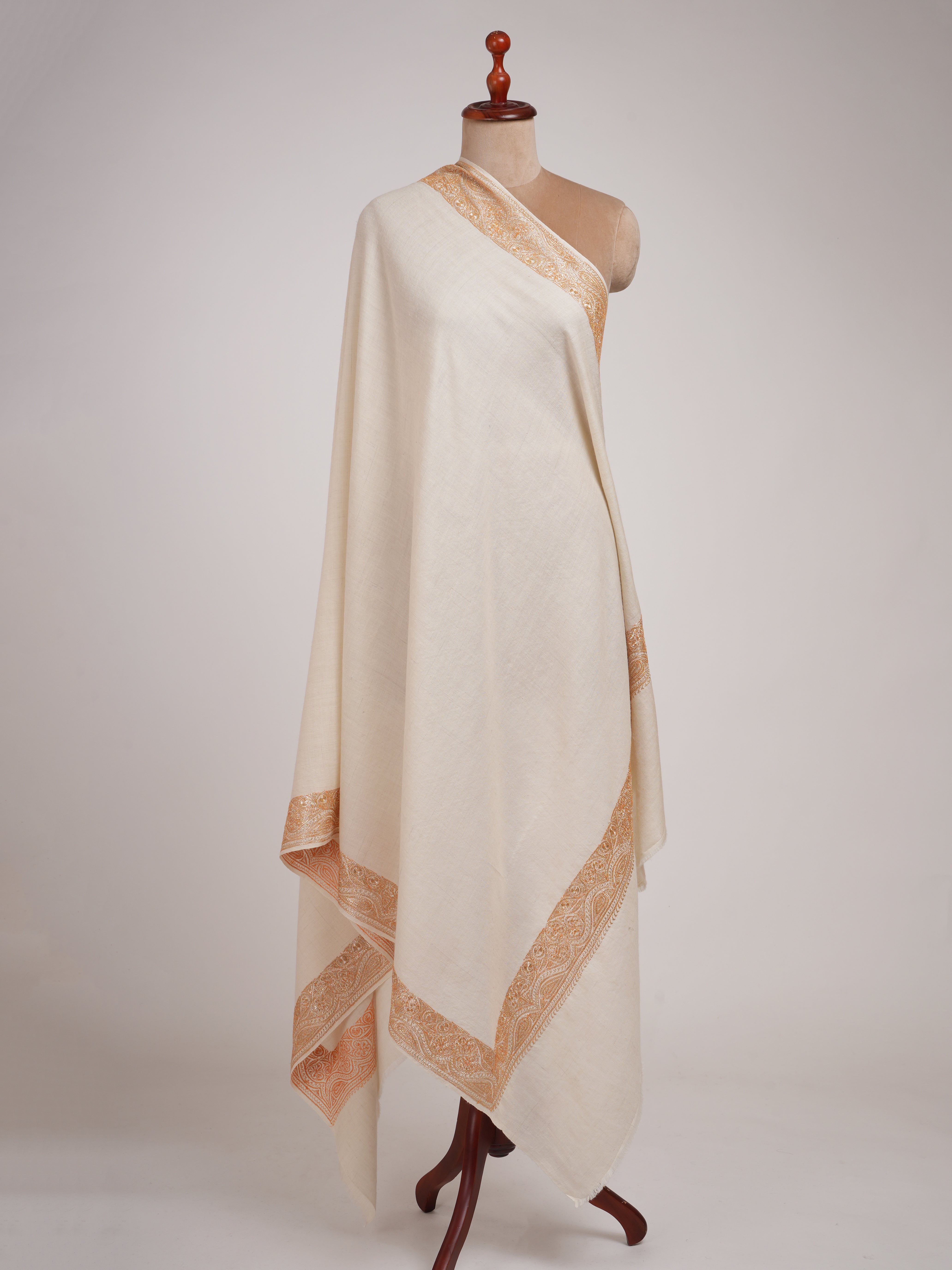 Ivory Pashmina Shawl with Gold Tilla Embroidery