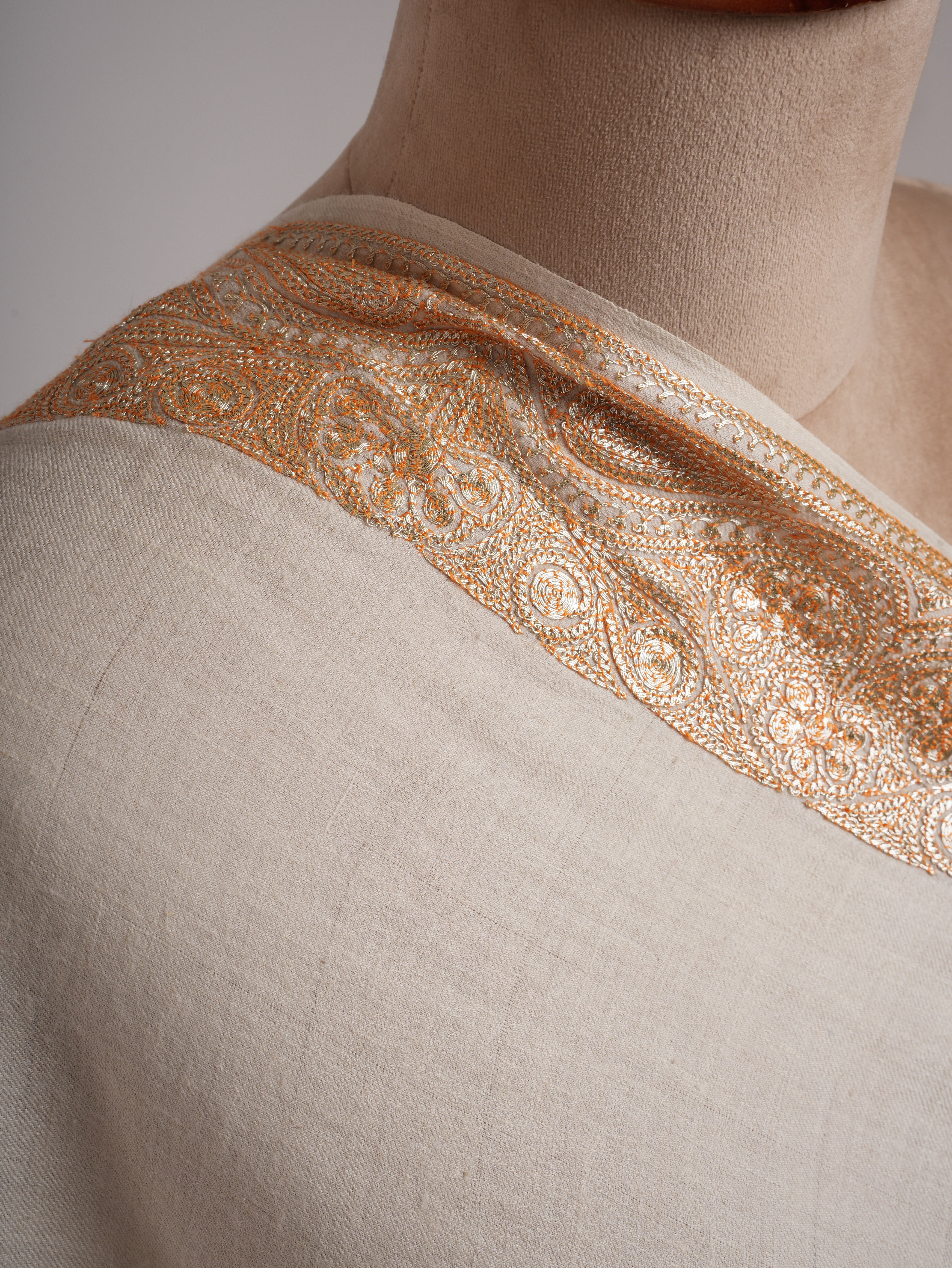 Ivory Pashmina Shawl with Gold Tilla Embroidery