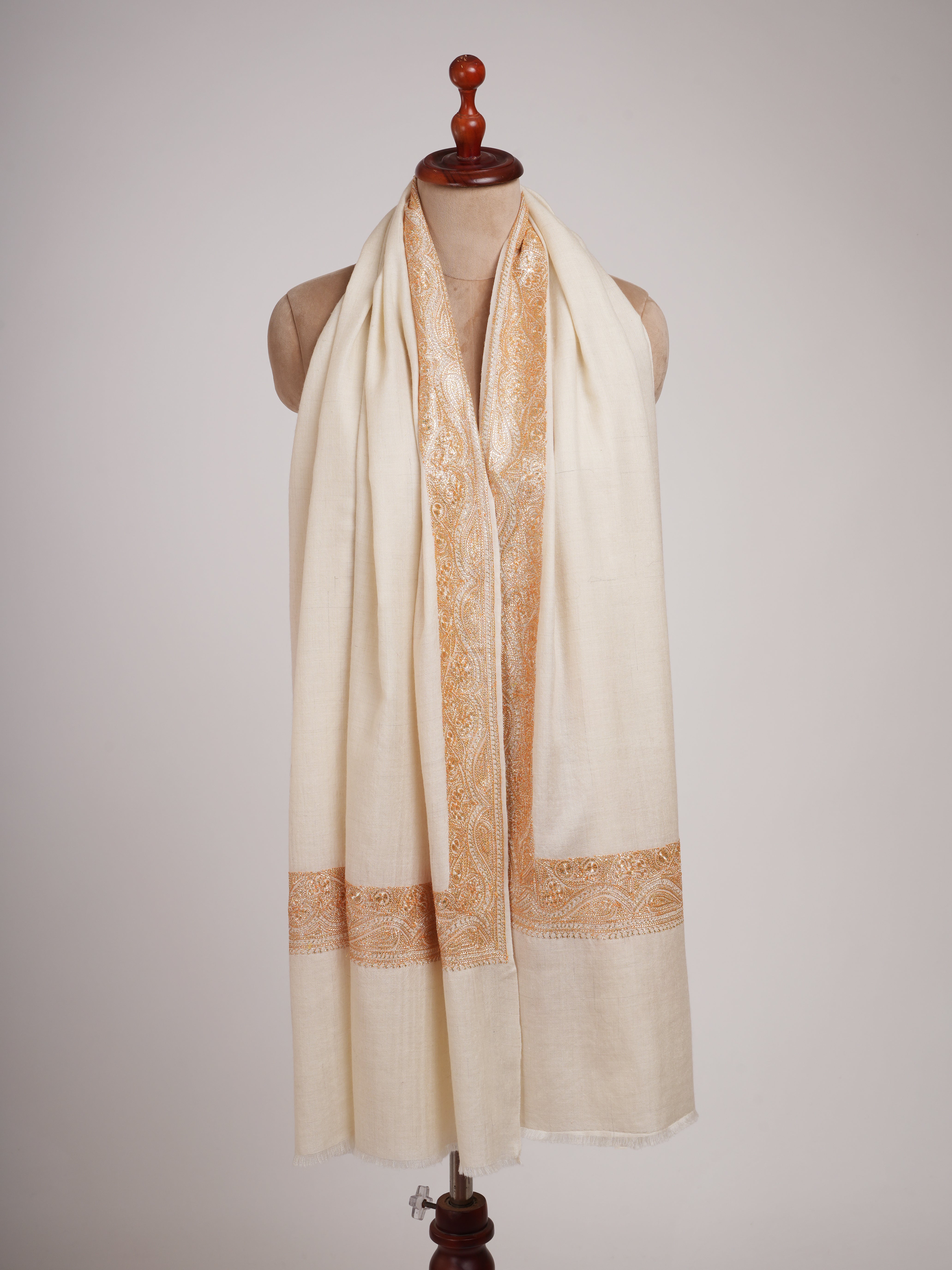 Ivory Pashmina Shawl with Gold Tilla Embroidery