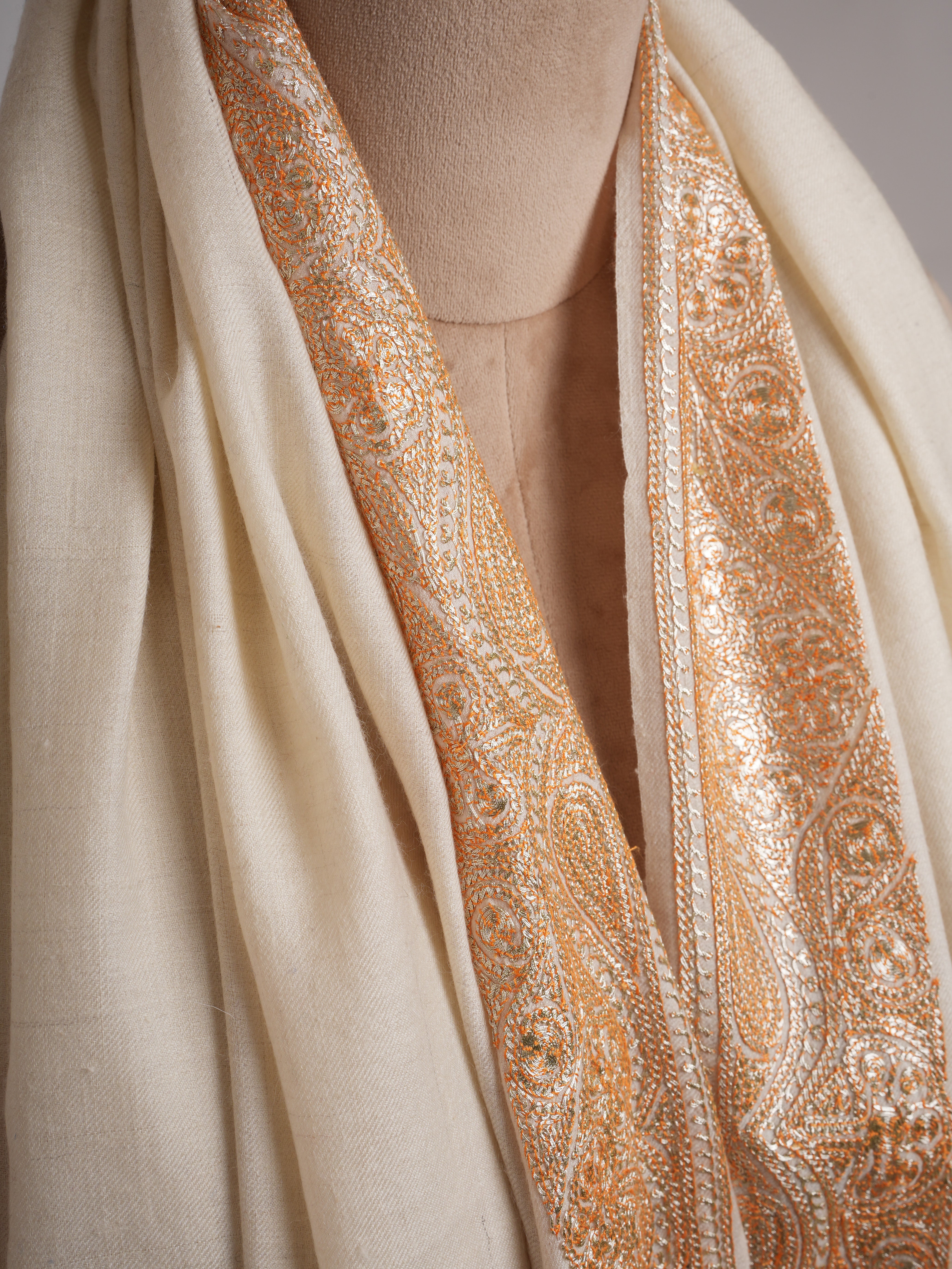 Ivory Pashmina Shawl with Gold Tilla Embroidery