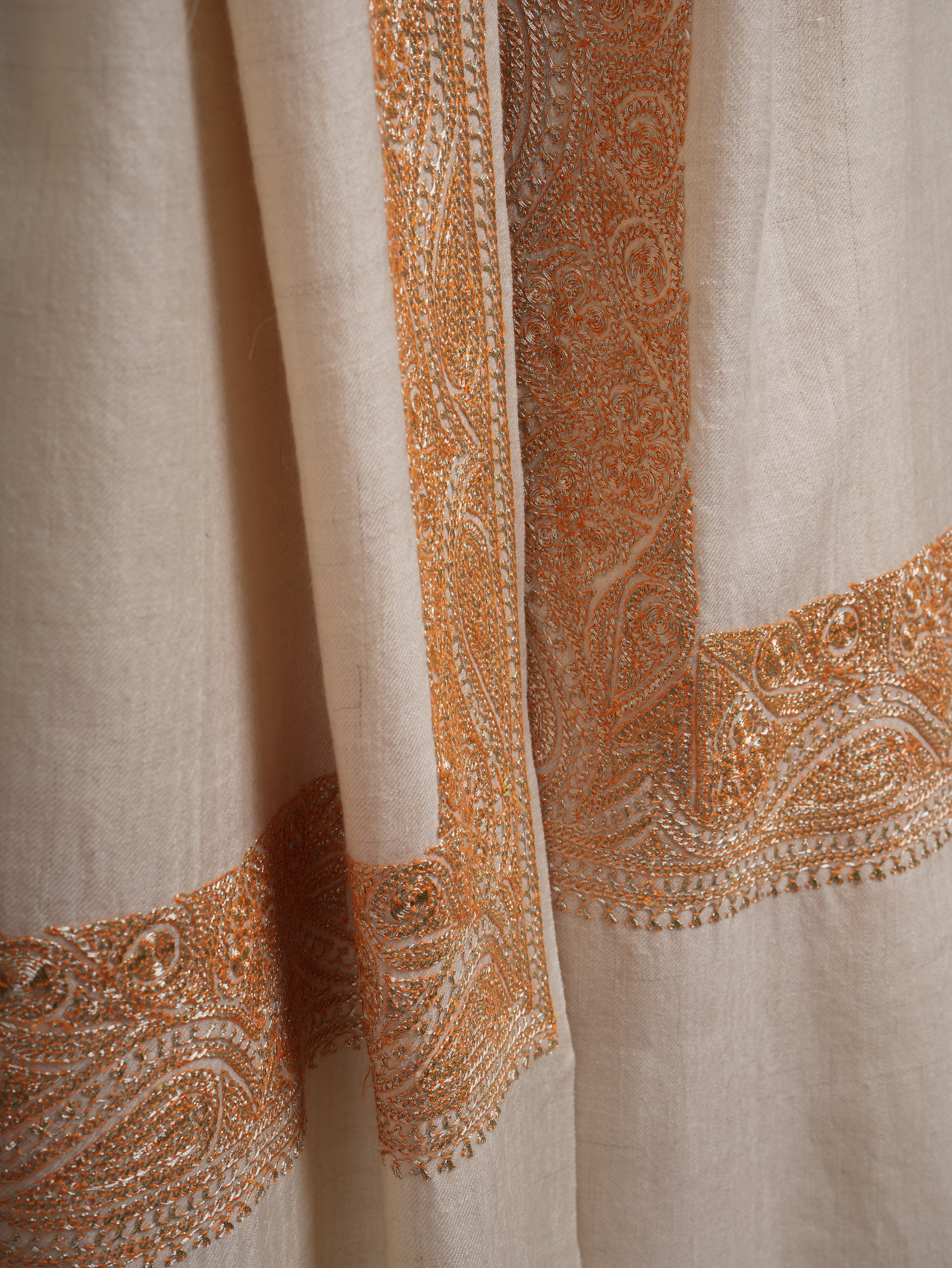 Ivory Pashmina Shawl with Gold Tilla Embroidery