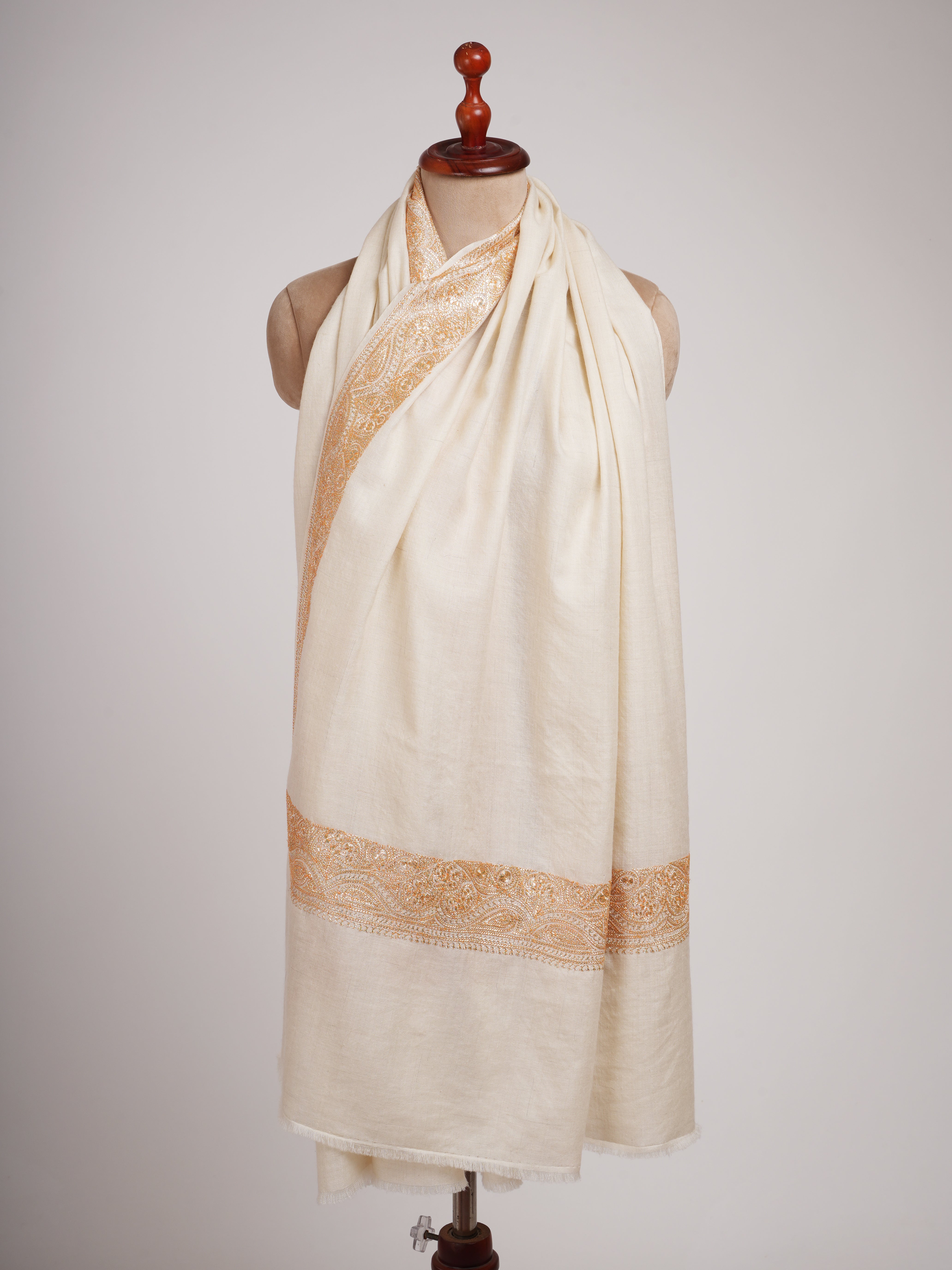 Ivory Pashmina Shawl with Gold Tilla Embroidery
