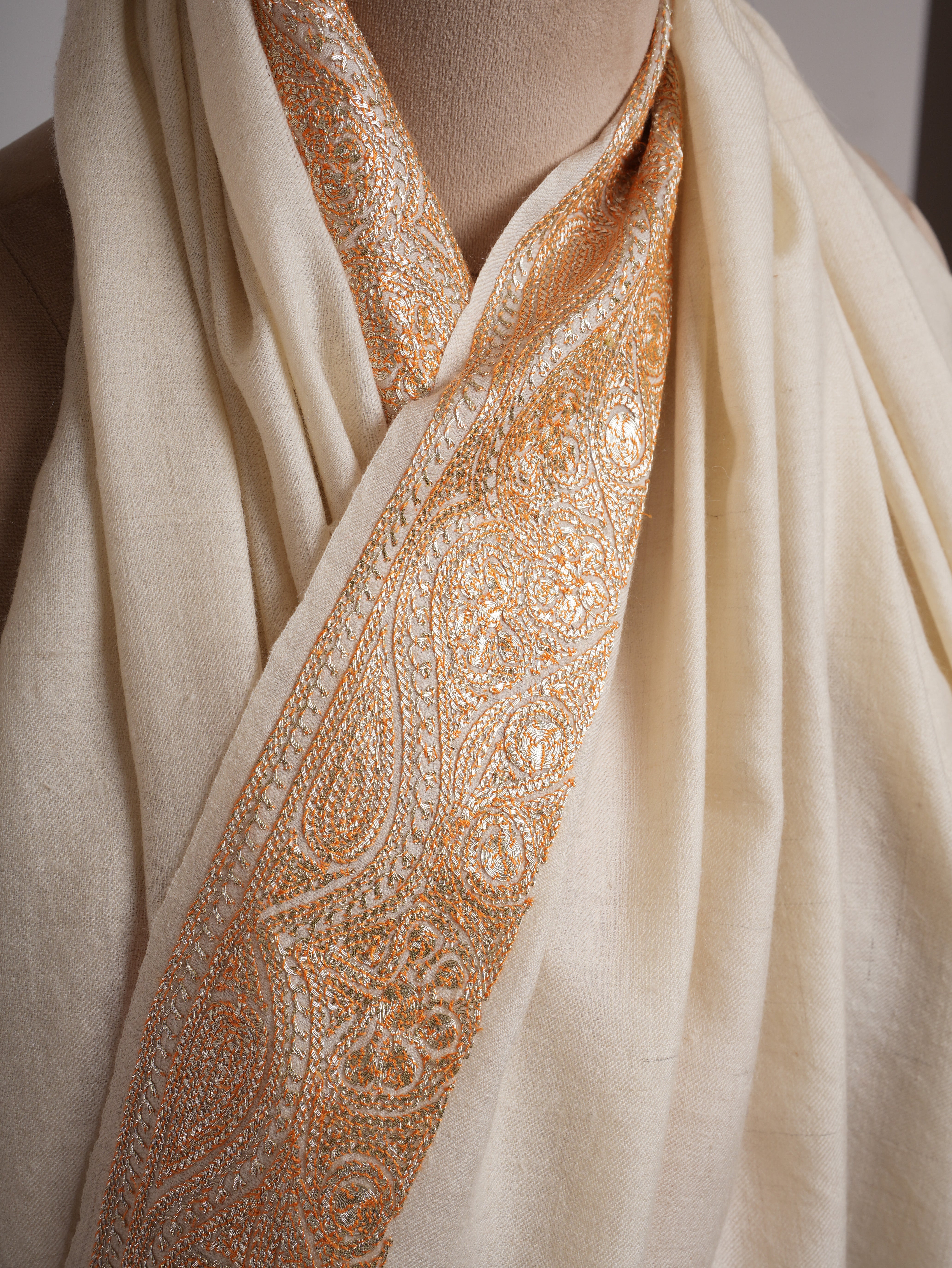 Ivory Pashmina Shawl with Gold Tilla Embroidery