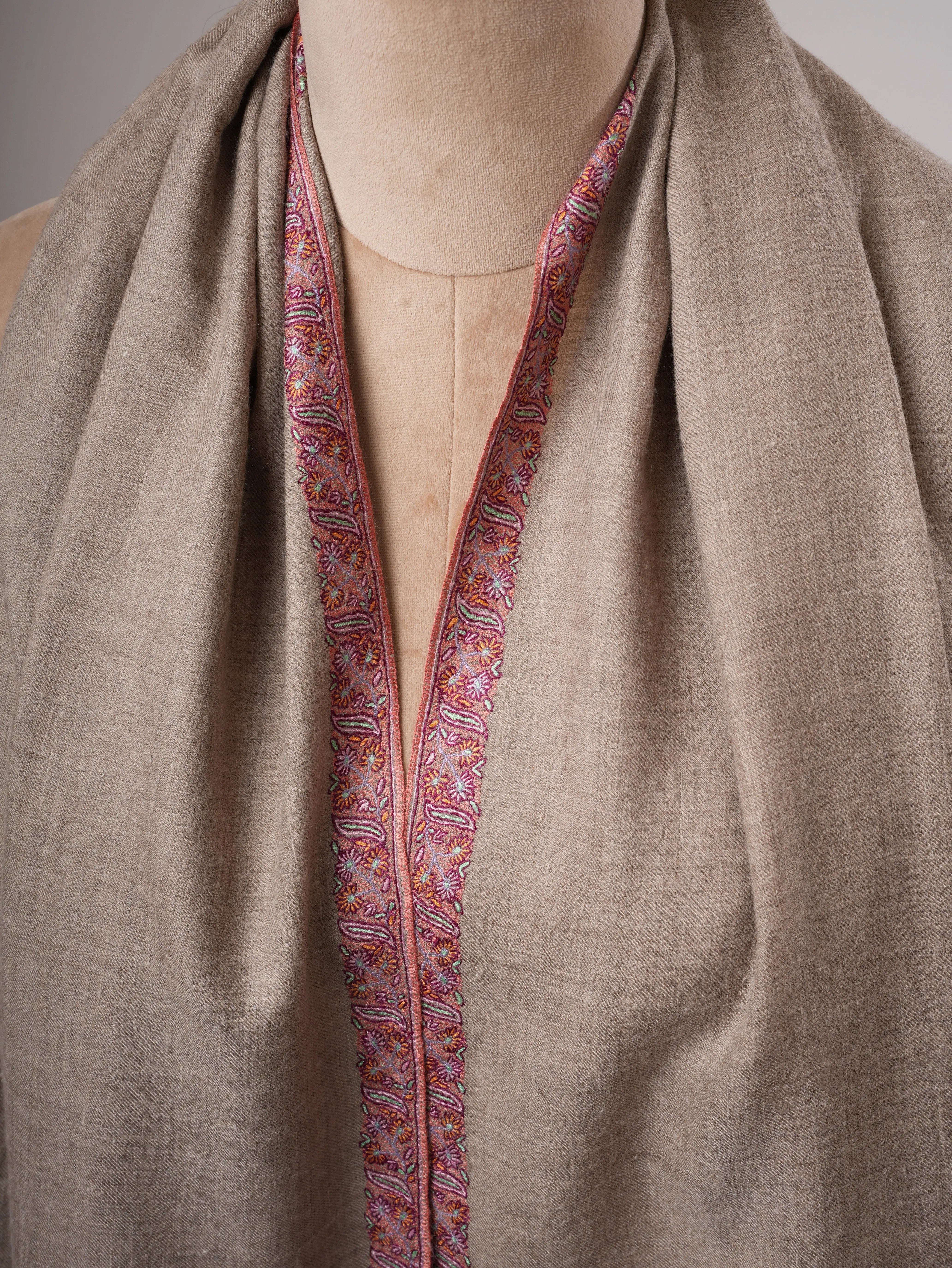 Natural Grey Hand Embroidered Kashmiri Pashmina Shawl – Handwoven Luxury Shahkaar