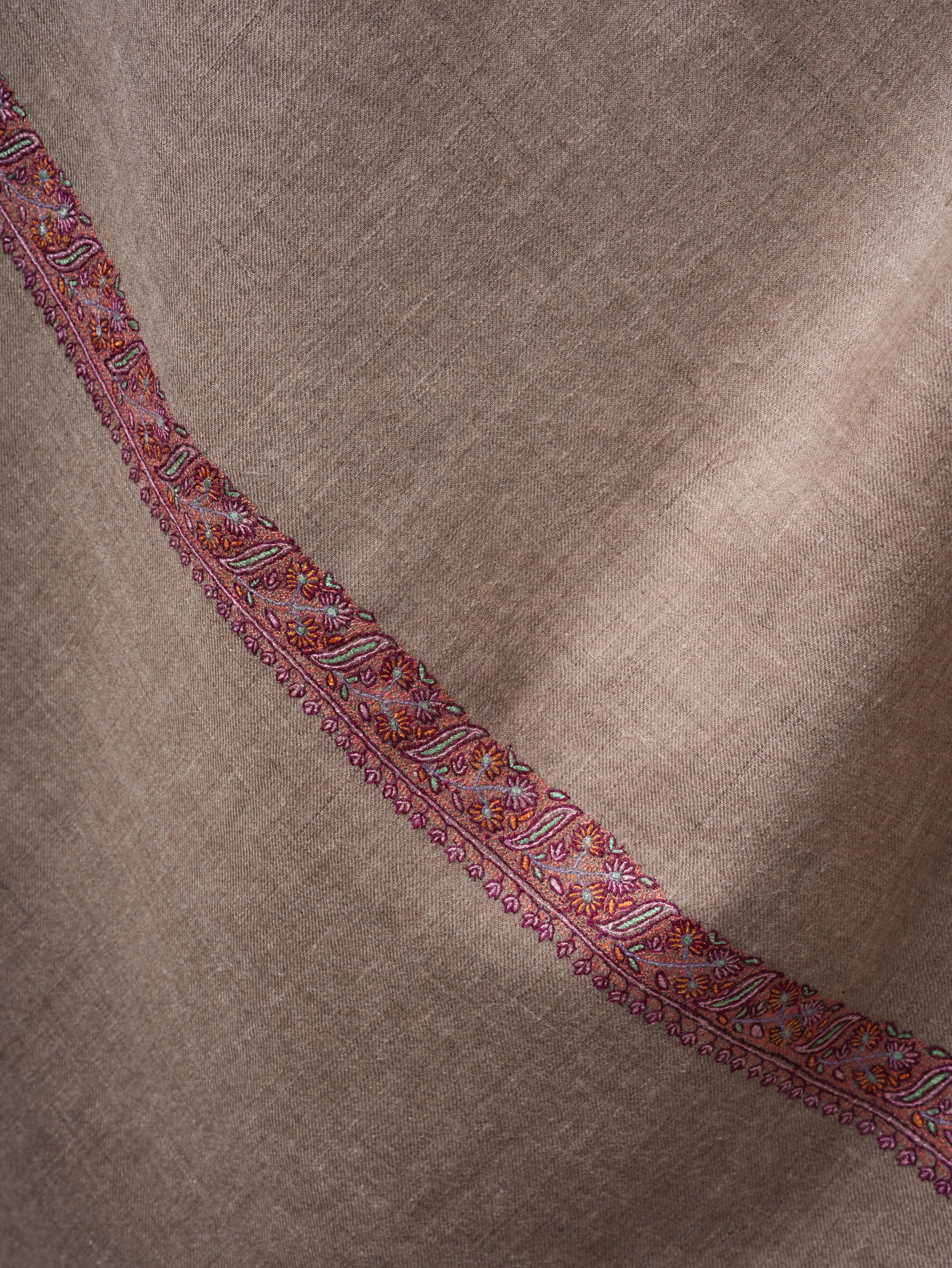 Natural Grey Hand Embroidered Kashmiri Pashmina Shawl – Handwoven Luxury Shahkaar