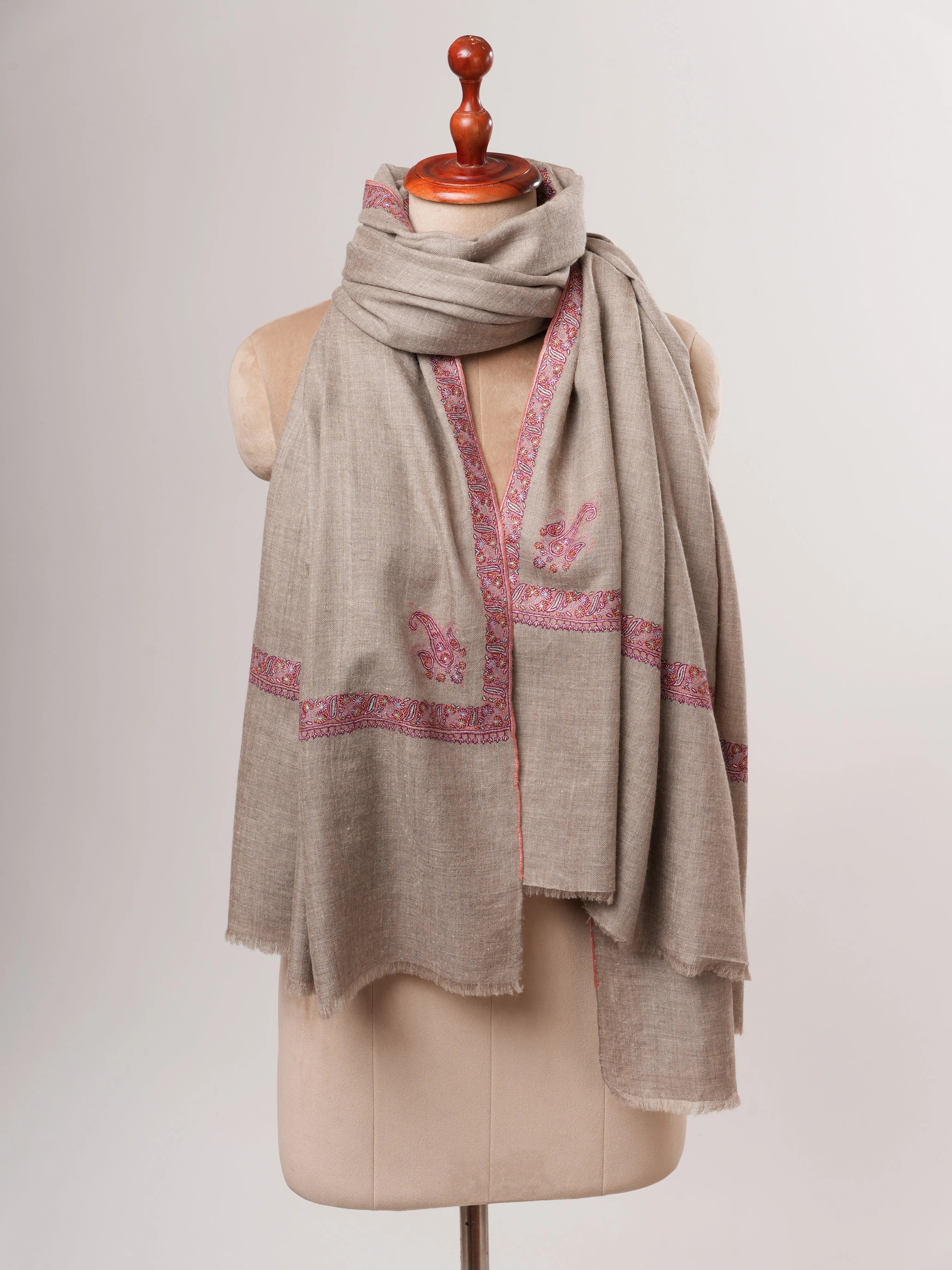 Natural Grey Hand Embroidered Kashmiri Pashmina Shawl – Handwoven Luxury Shahkaar