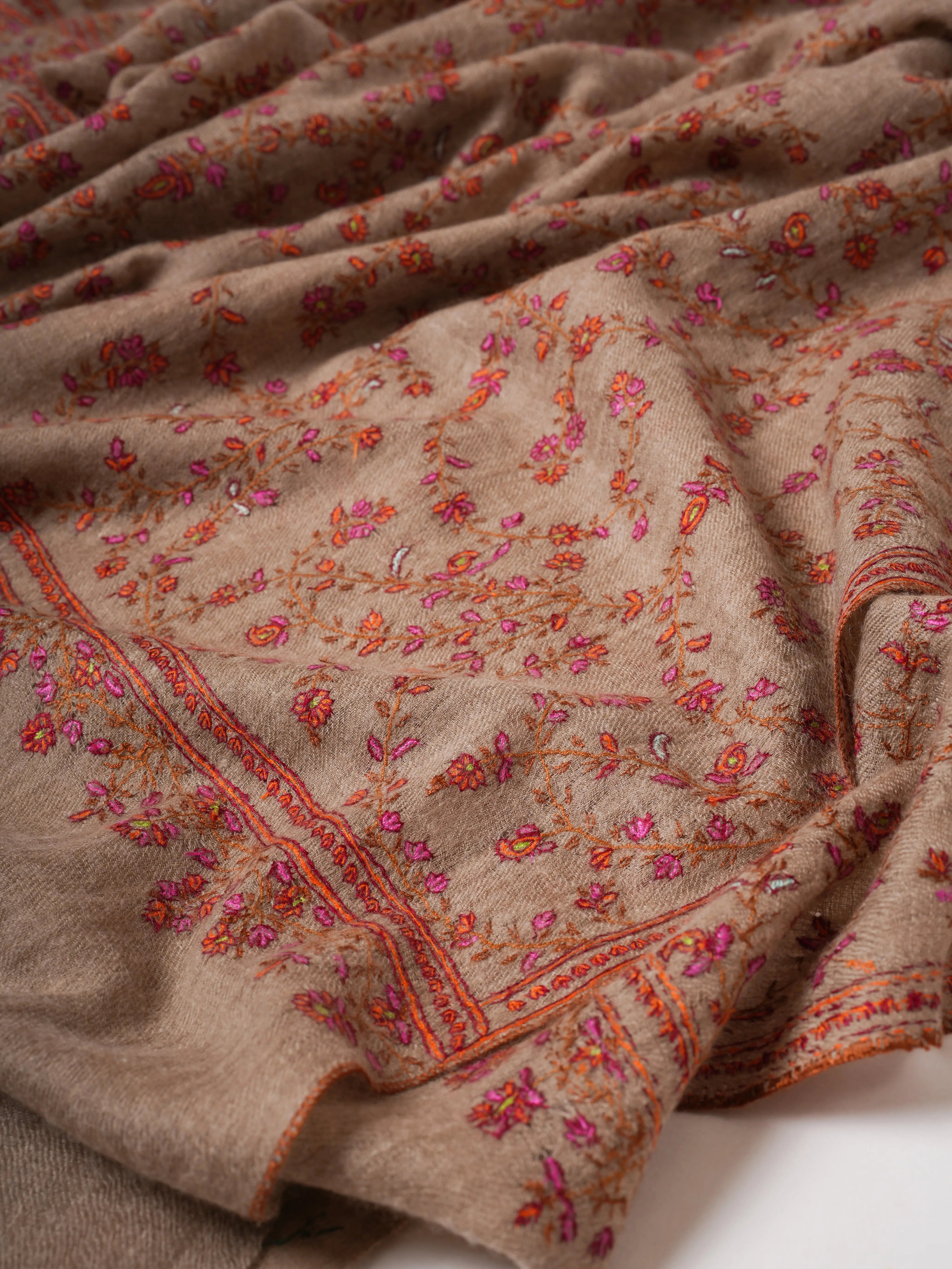 Natural Grey Buttersoft Hand Embroidered Jali Pashmina Shawl Shahkaar