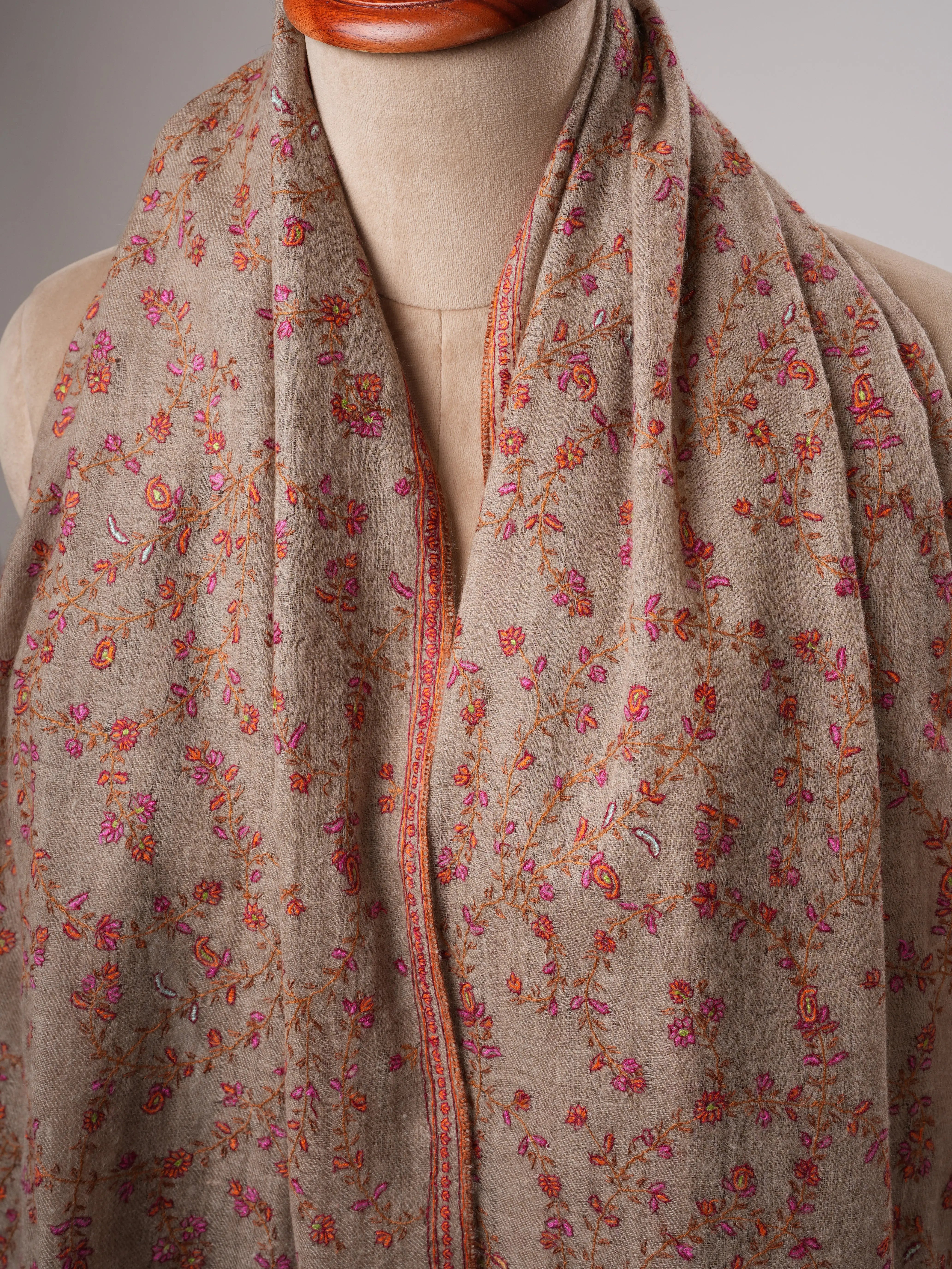 Natural Grey Buttersoft Hand Embroidered Jali Pashmina Shawl Shahkaar