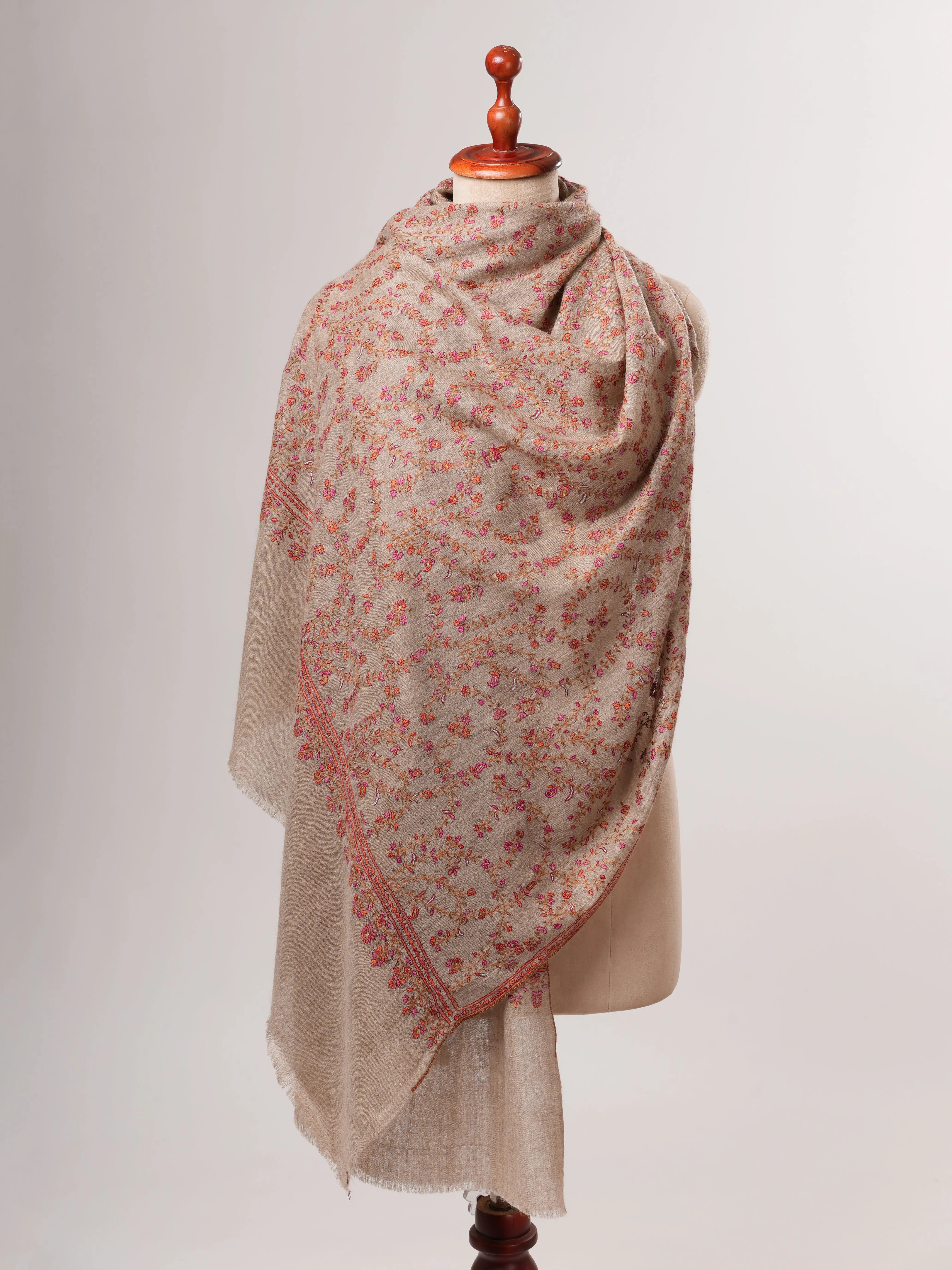 Natural Grey Buttersoft Hand Embroidered Jali Pashmina Shawl Shahkaar