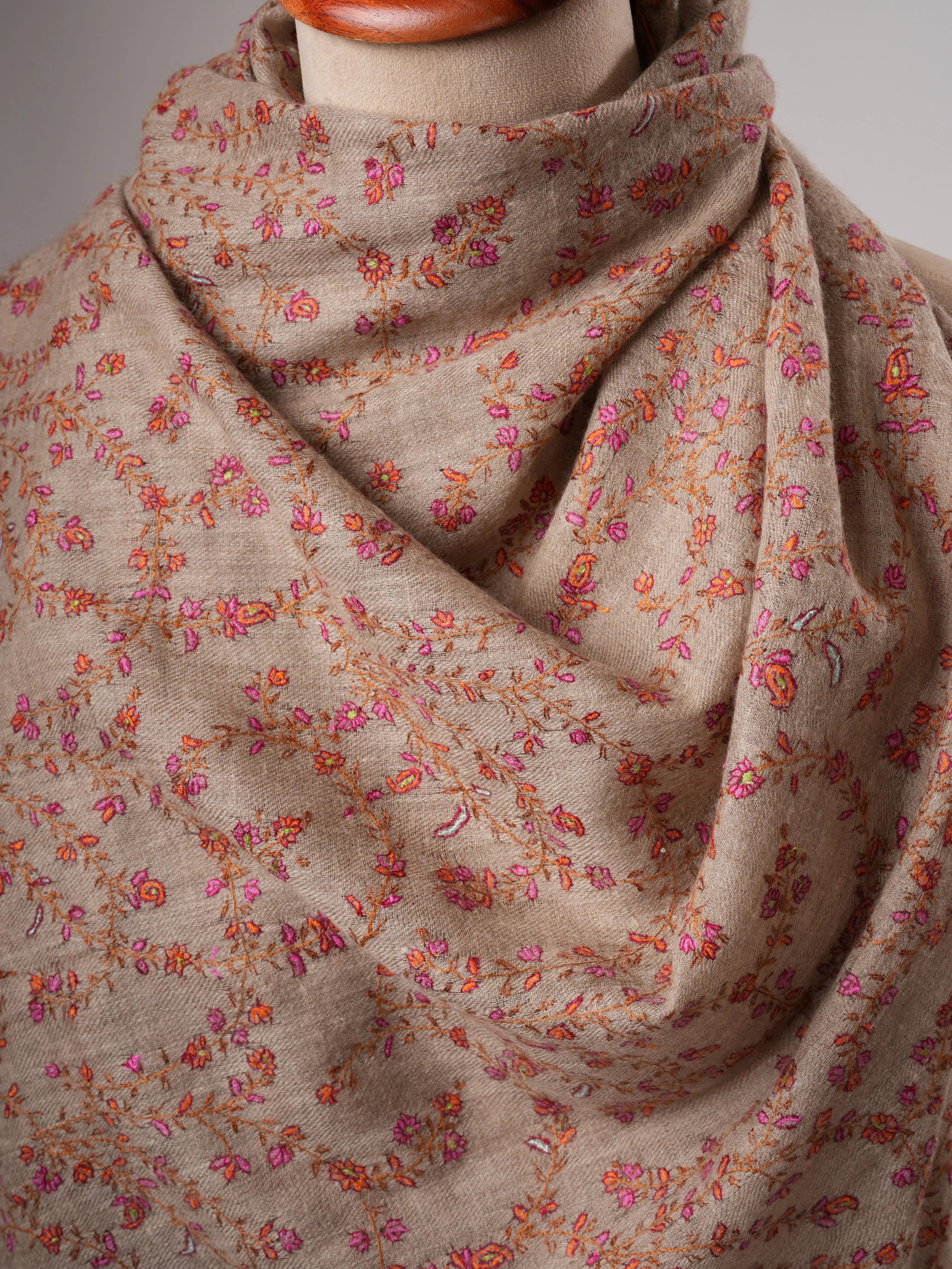 Natural Grey Buttersoft Hand Embroidered Jali Pashmina Shawl Shahkaar