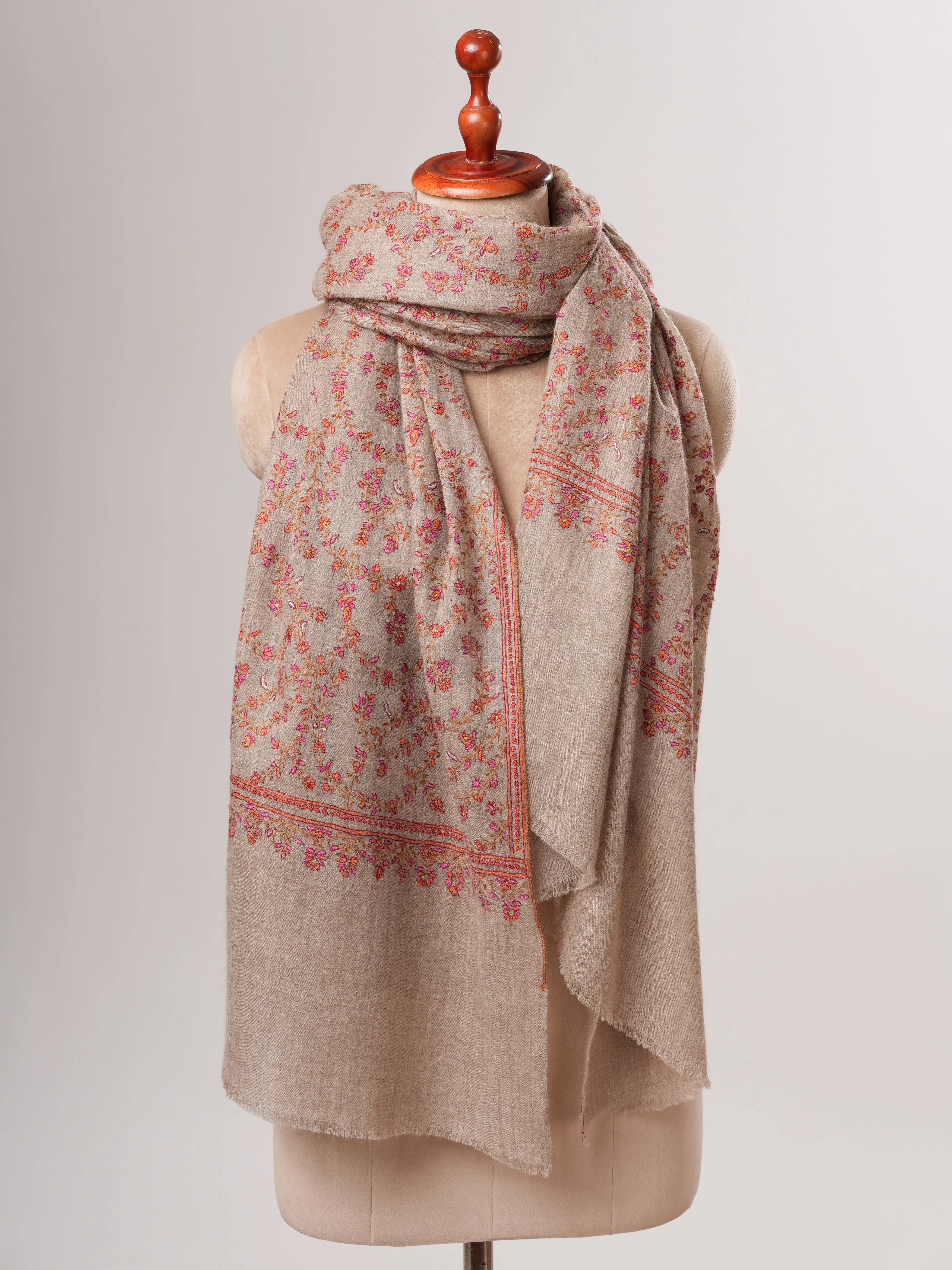 Natural Grey Buttersoft Hand Embroidered Jali Pashmina Shawl Shahkaar
