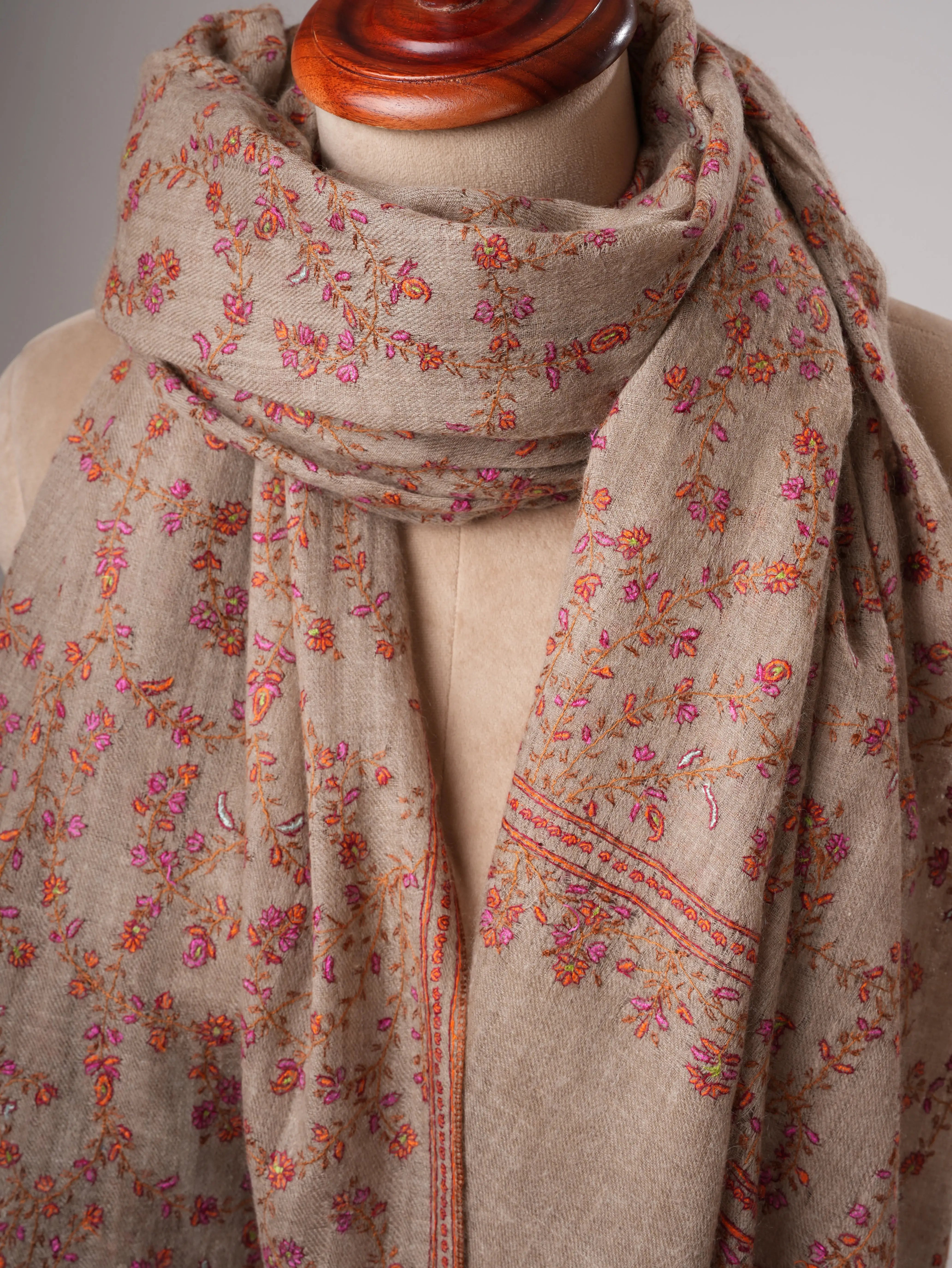 Natural Grey Buttersoft Hand Embroidered Jali Pashmina Shawl Shahkaar