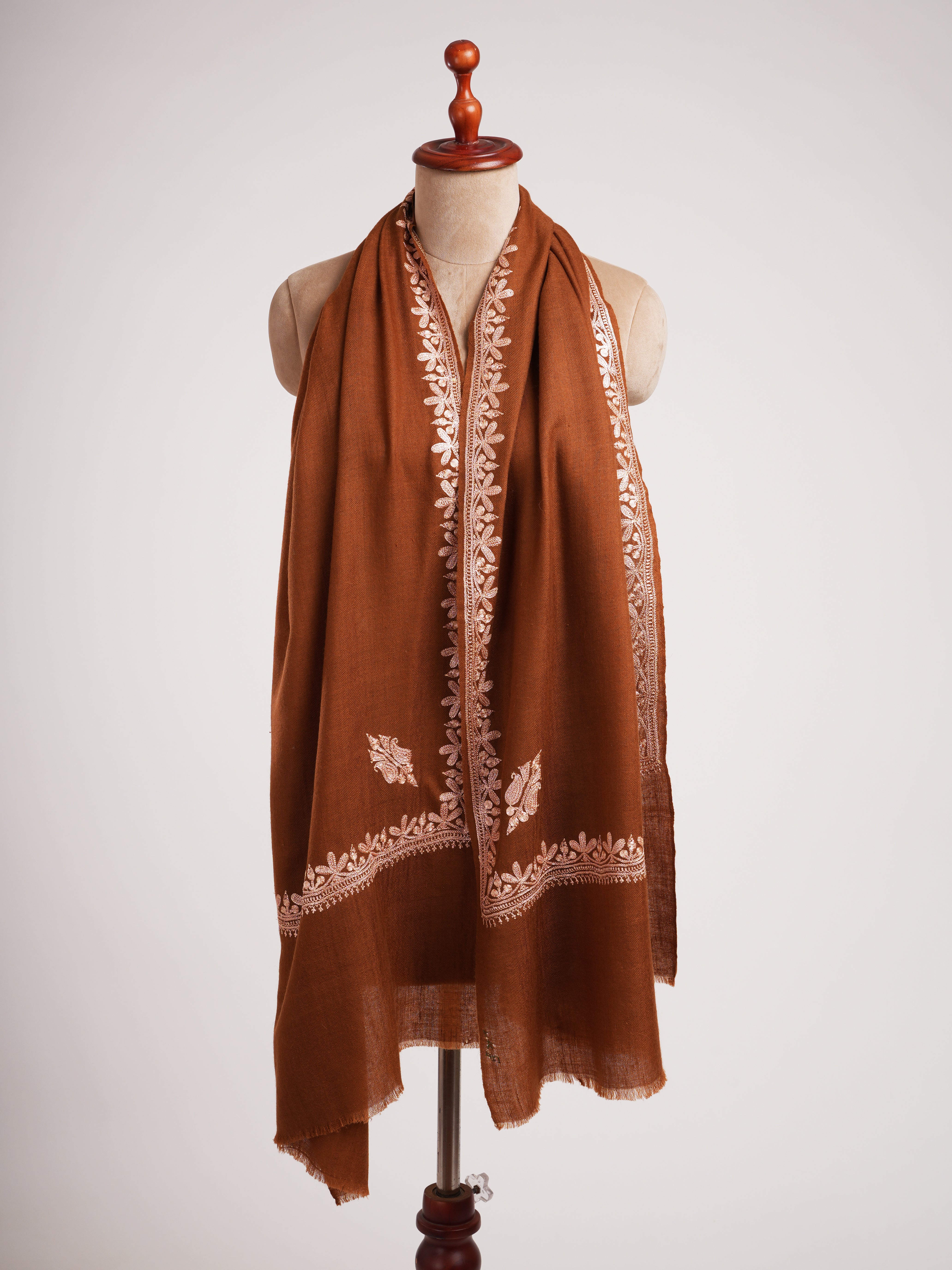 Sundan Brown Cashmere Scarf with Copper Metallic Embroidery