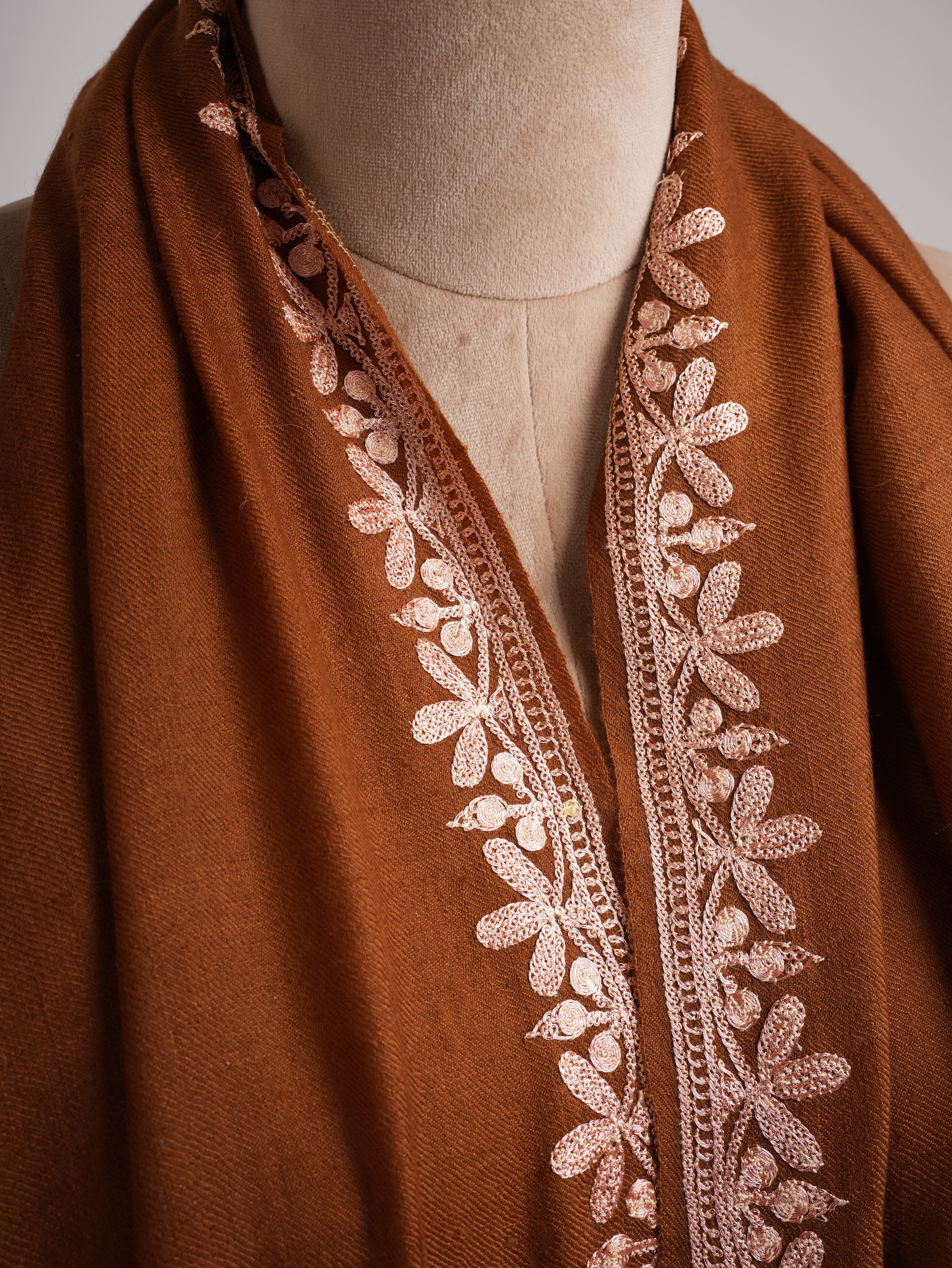 Sundan Brown Cashmere Scarf with Copper Metallic Embroidery
