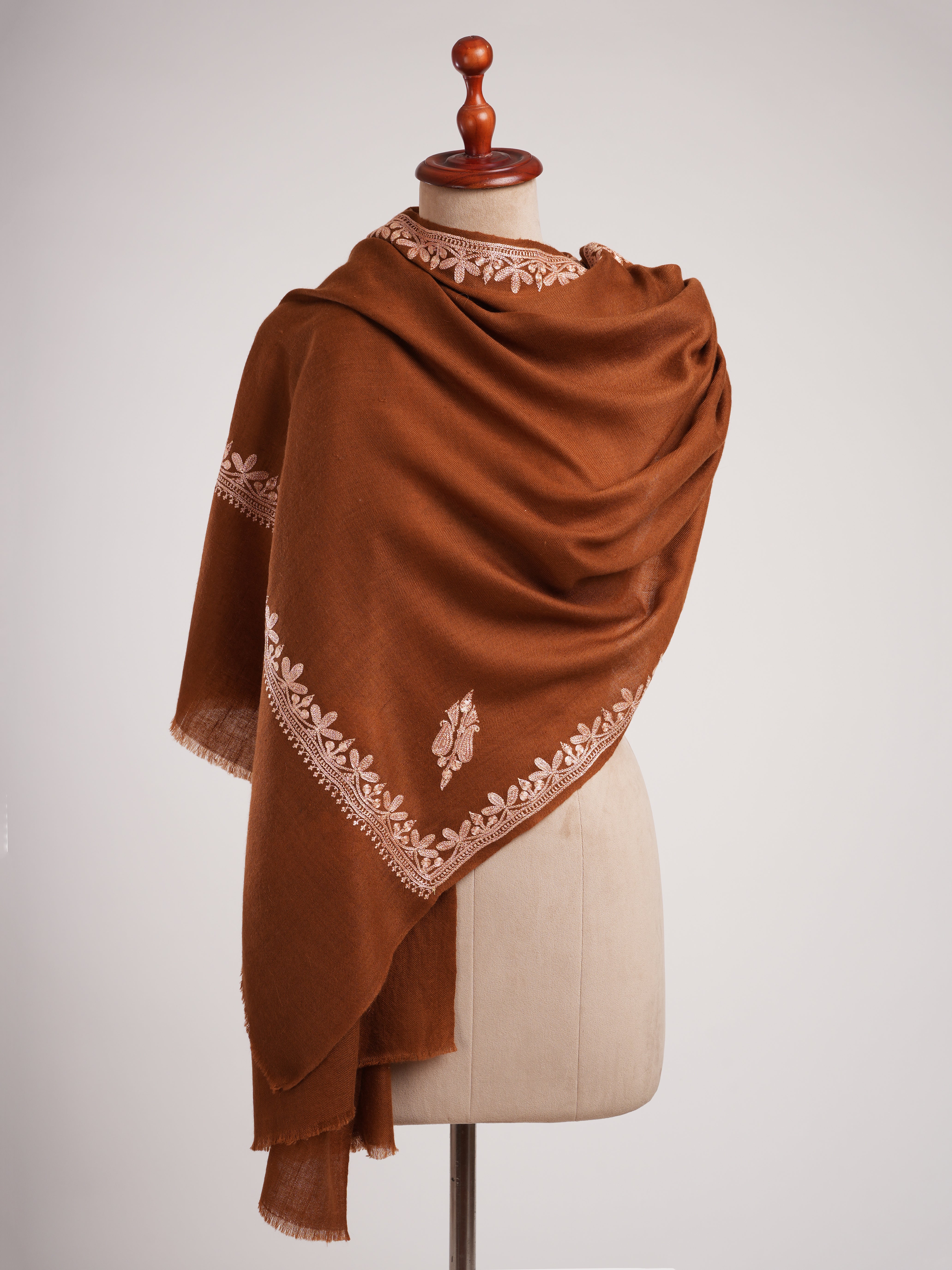 Sundan Brown Cashmere Scarf with Copper Metallic Embroidery