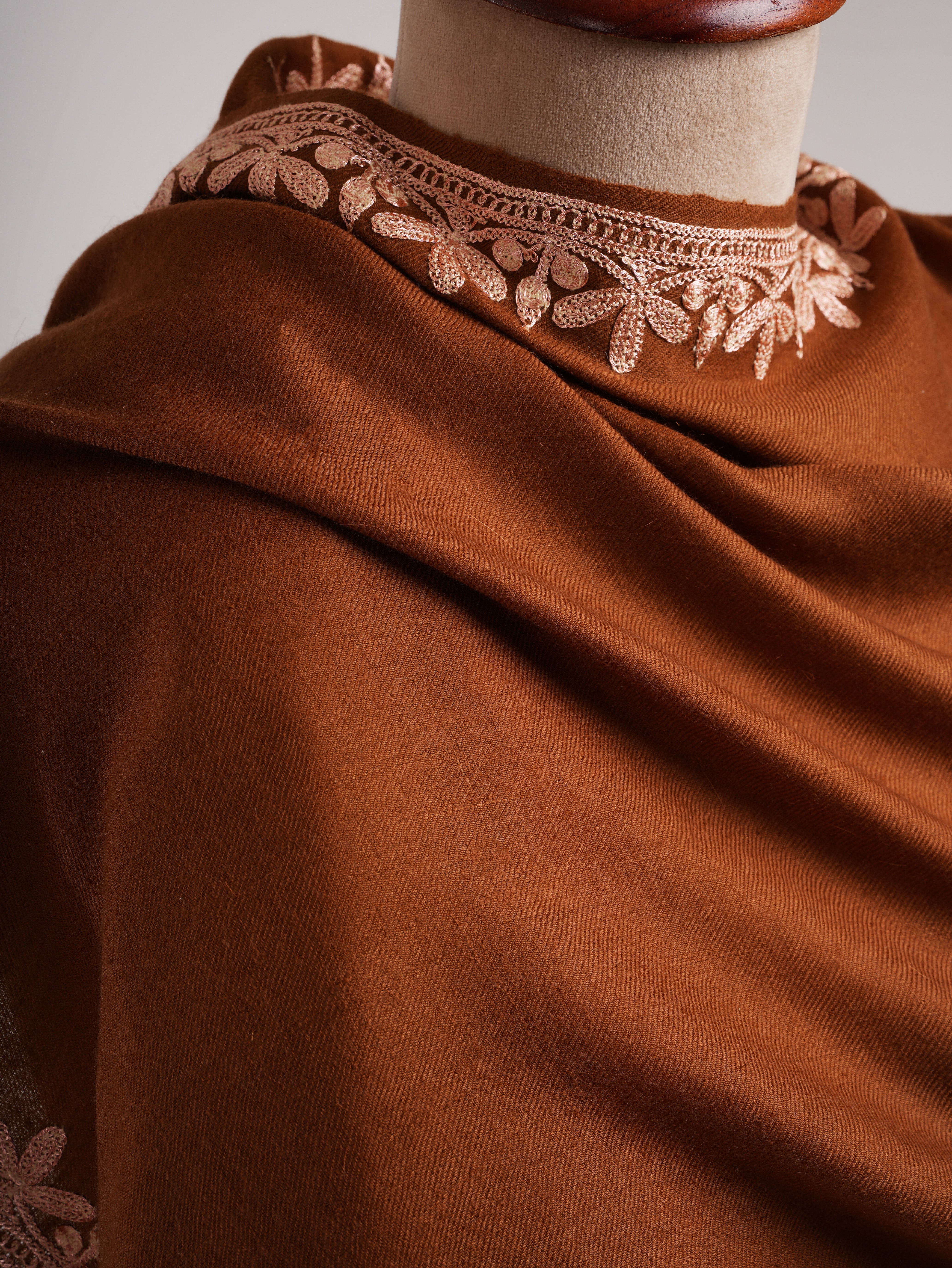 Sundan Brown Cashmere Scarf with Copper Metallic Embroidery