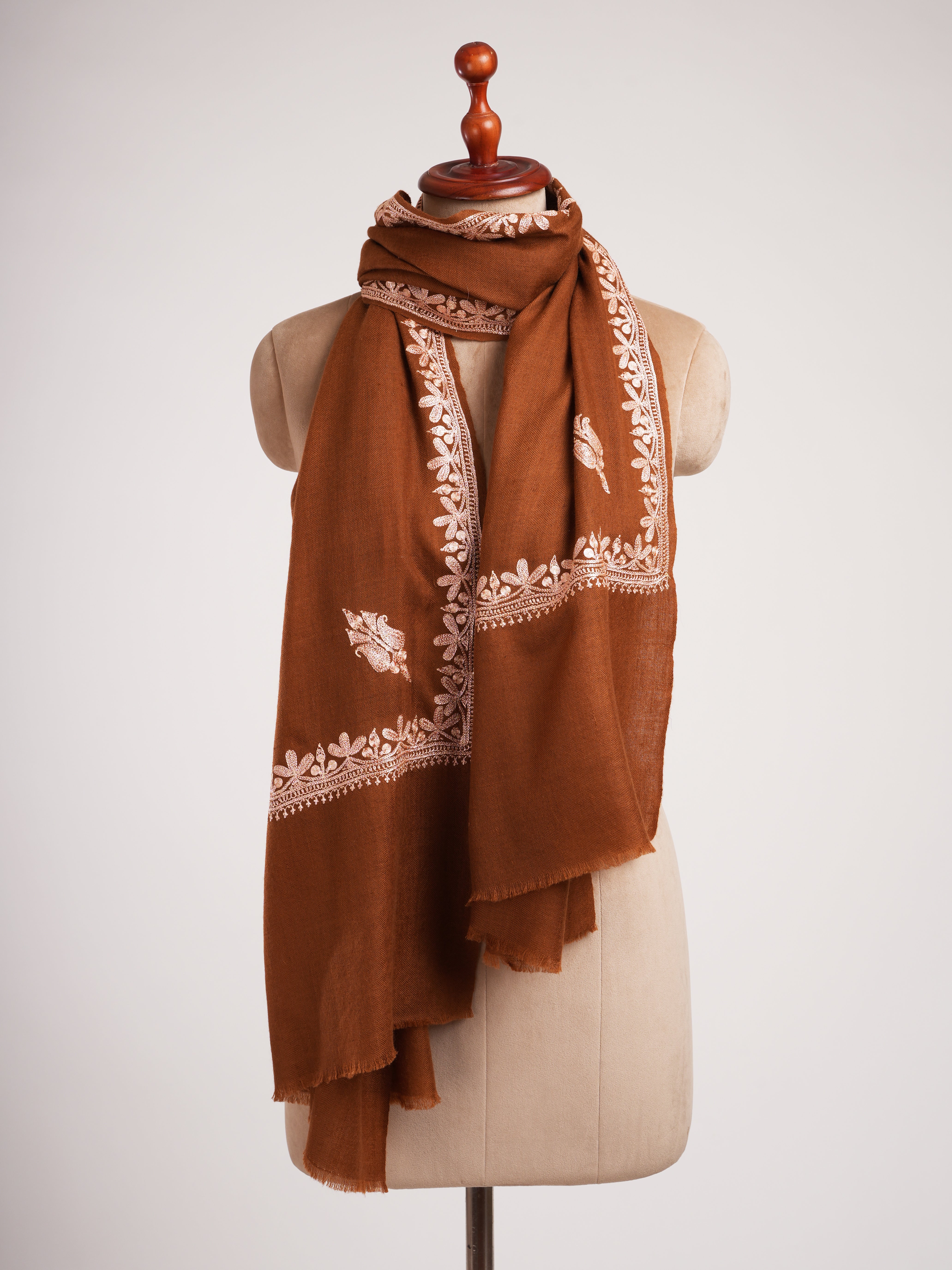 Sundan Brown Cashmere Scarf with Copper Metallic Embroidery