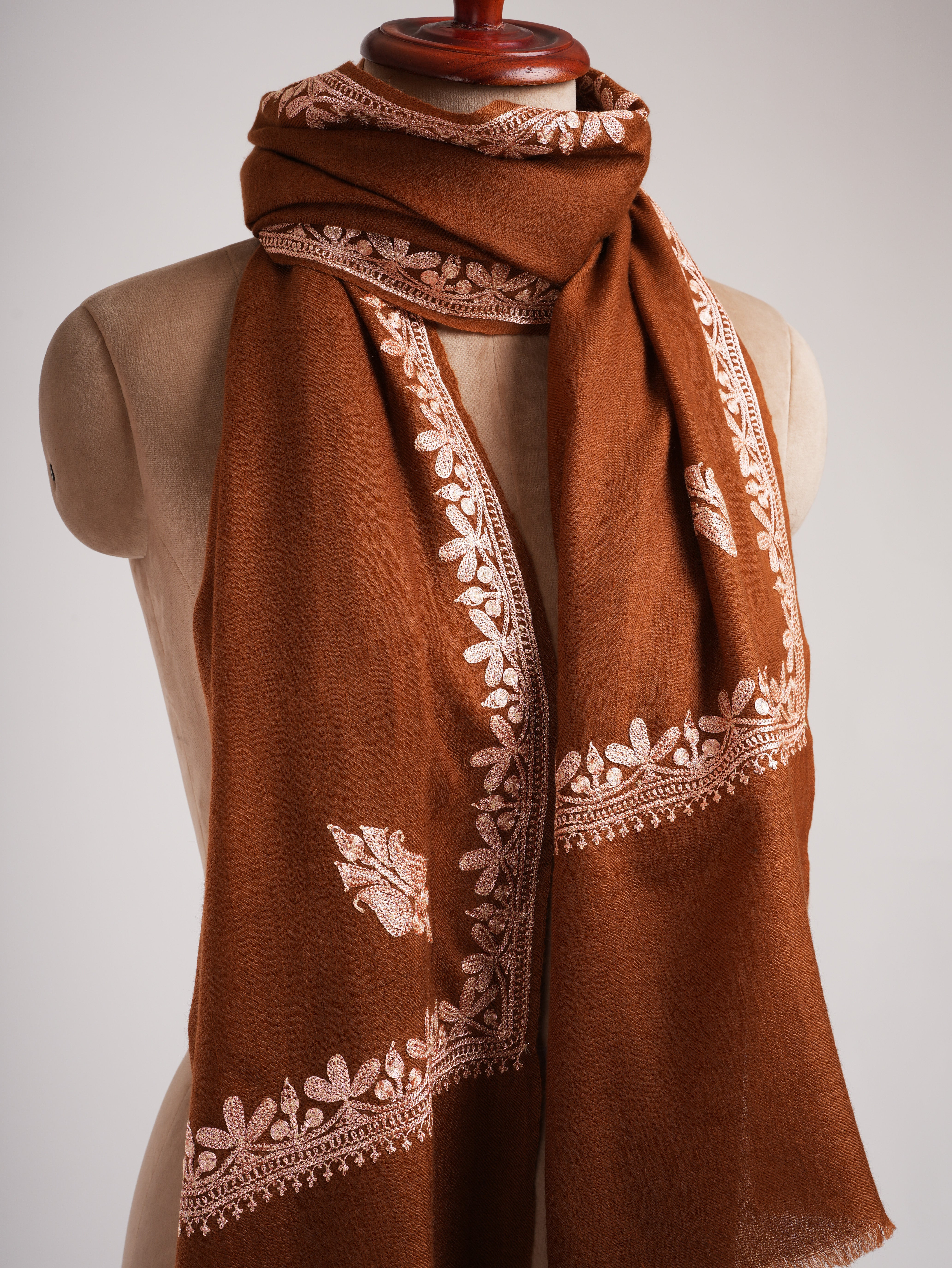 Sundan Brown Cashmere Scarf with Copper Metallic Embroidery