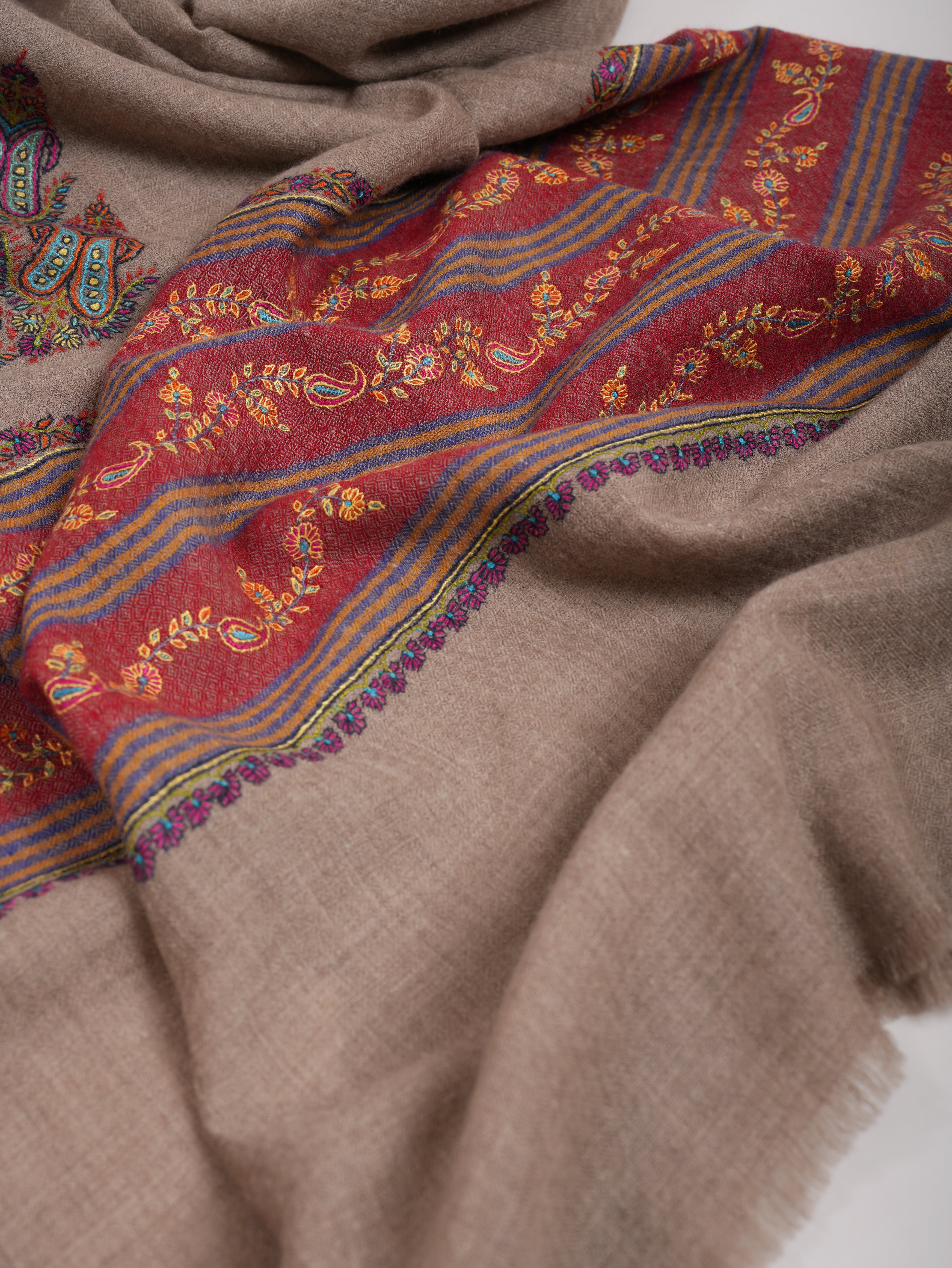 Natural Grey Pashmina Shawl with Contrast Palla Embroidery