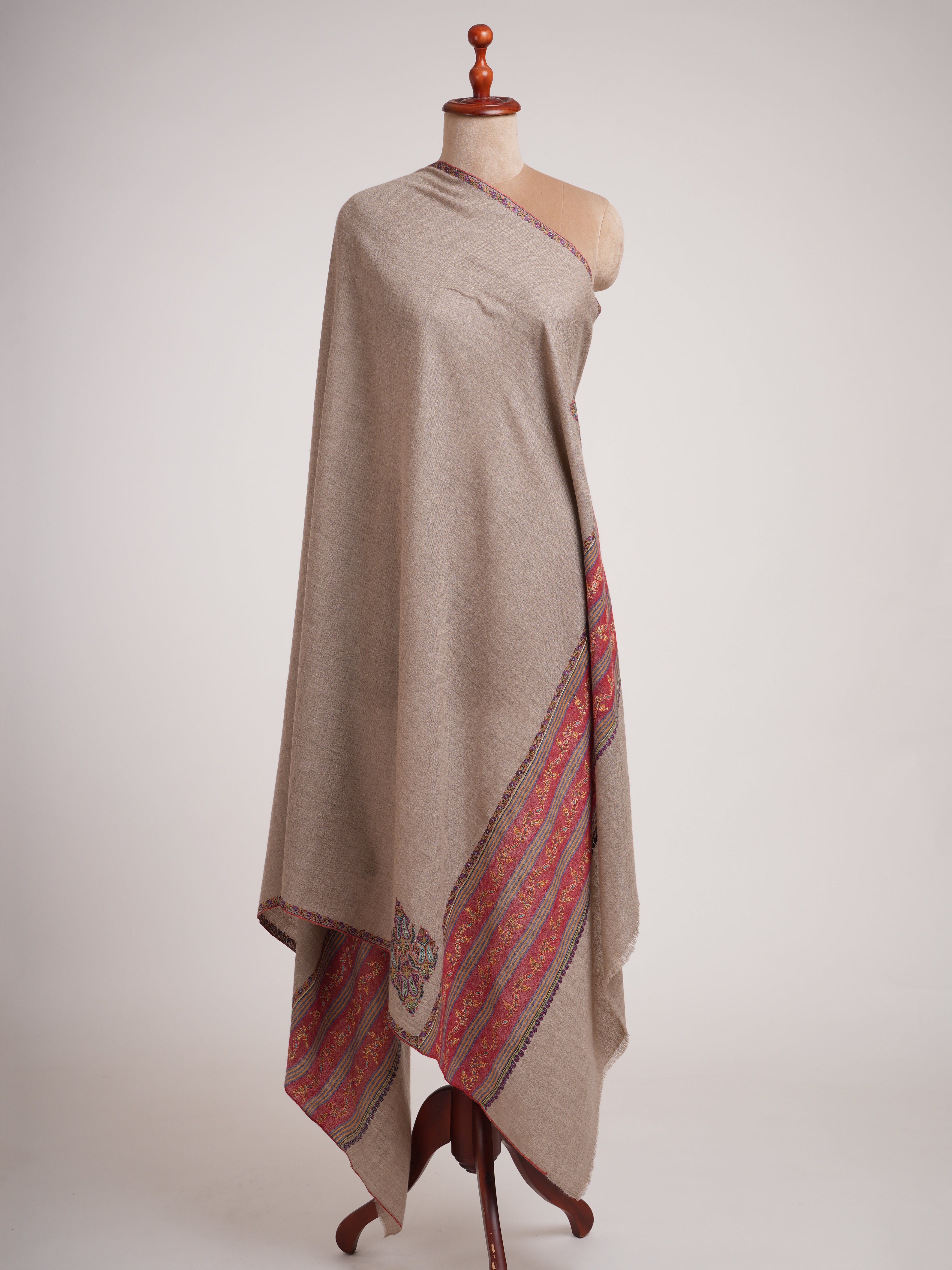 Natural Grey Pashmina Shawl with Contrast Palla Embroidery
